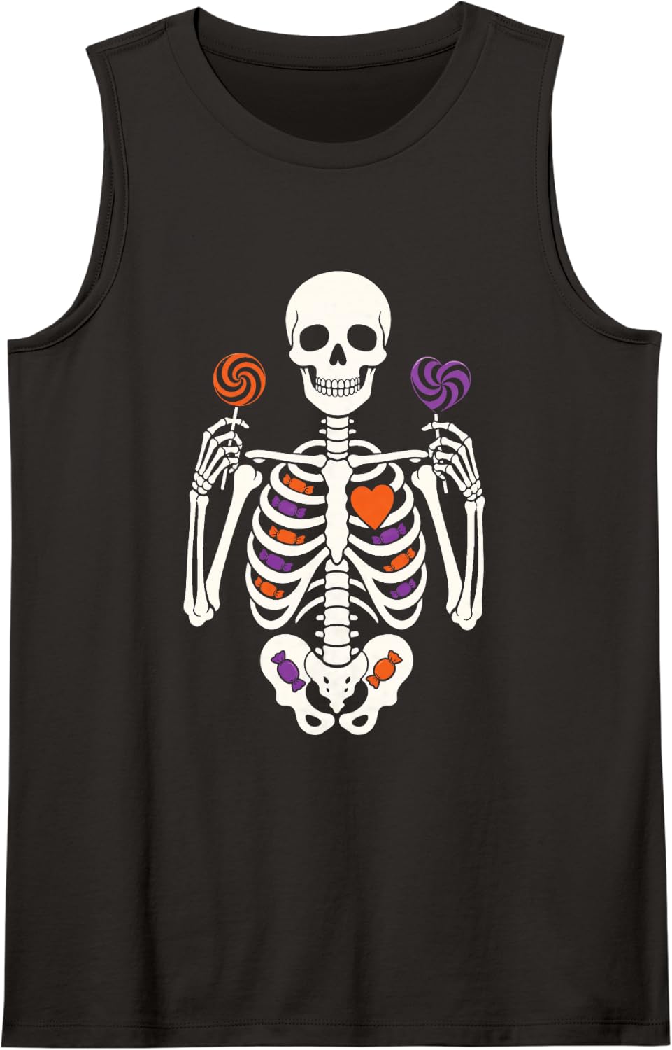 Halloween Skeleton Ribcage Candy Lollipop Ghost Skull Stars Tank Top - Black