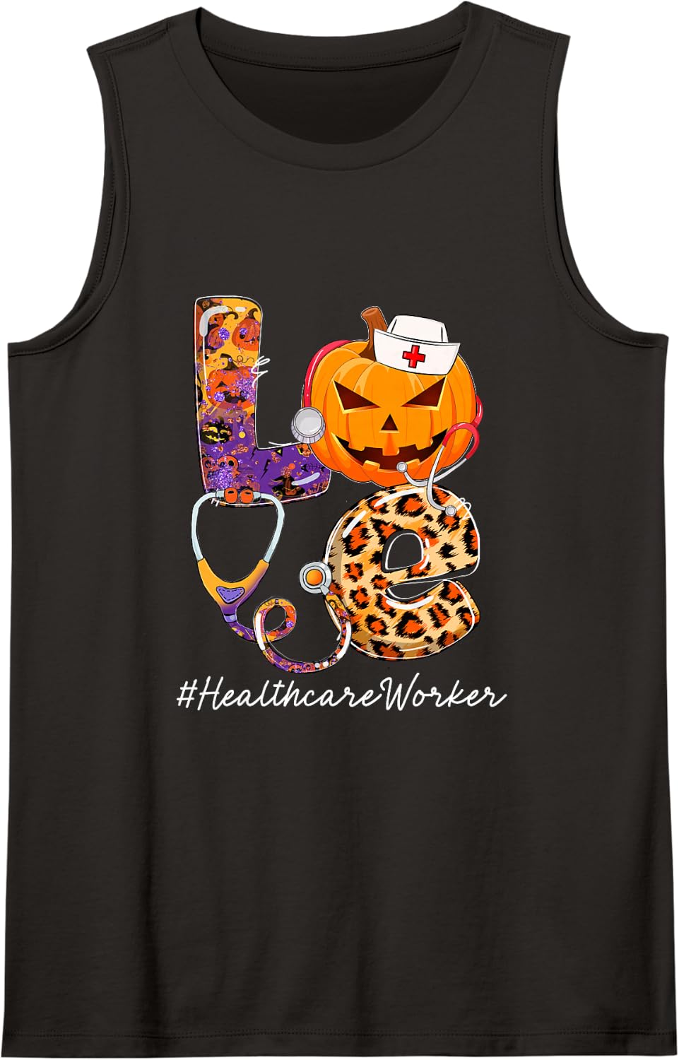 Love Healthcare Worker Pumpkin Stethoscope Halloween Costume Sleeveless Tank Top - Black