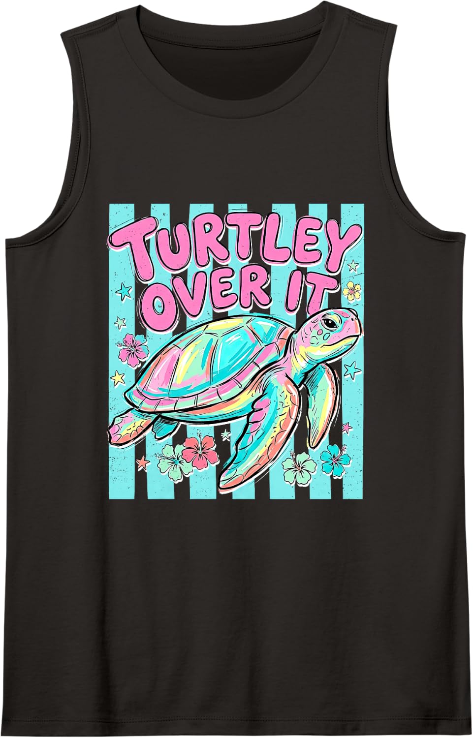 Turtley Over It Stripes Sea Turtle Summer Coastal Beach Trip Sleeveless Tank Top - Black