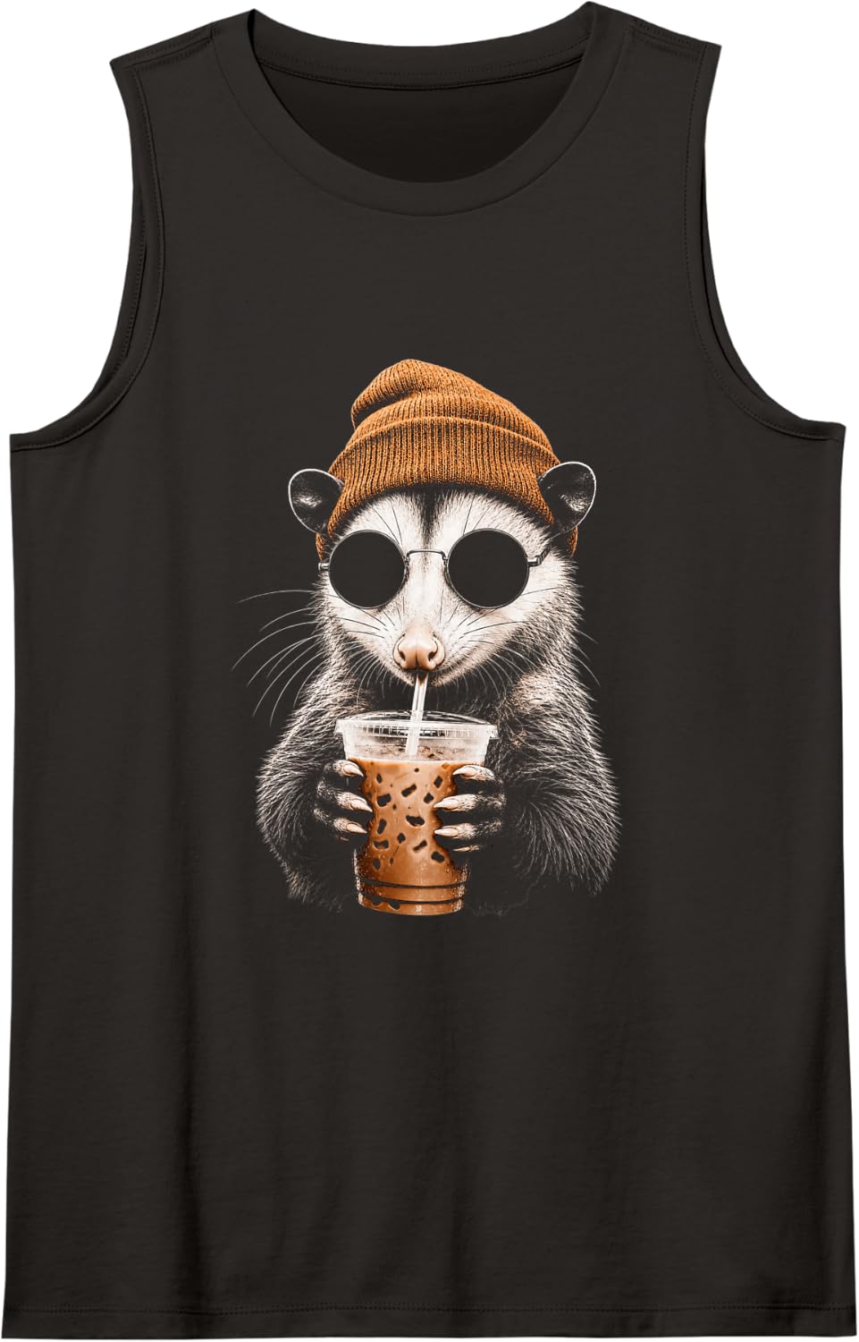 Opossum Drinking Iced Coffee Funny Hipster Possum Sunglasses Tank Top - Black