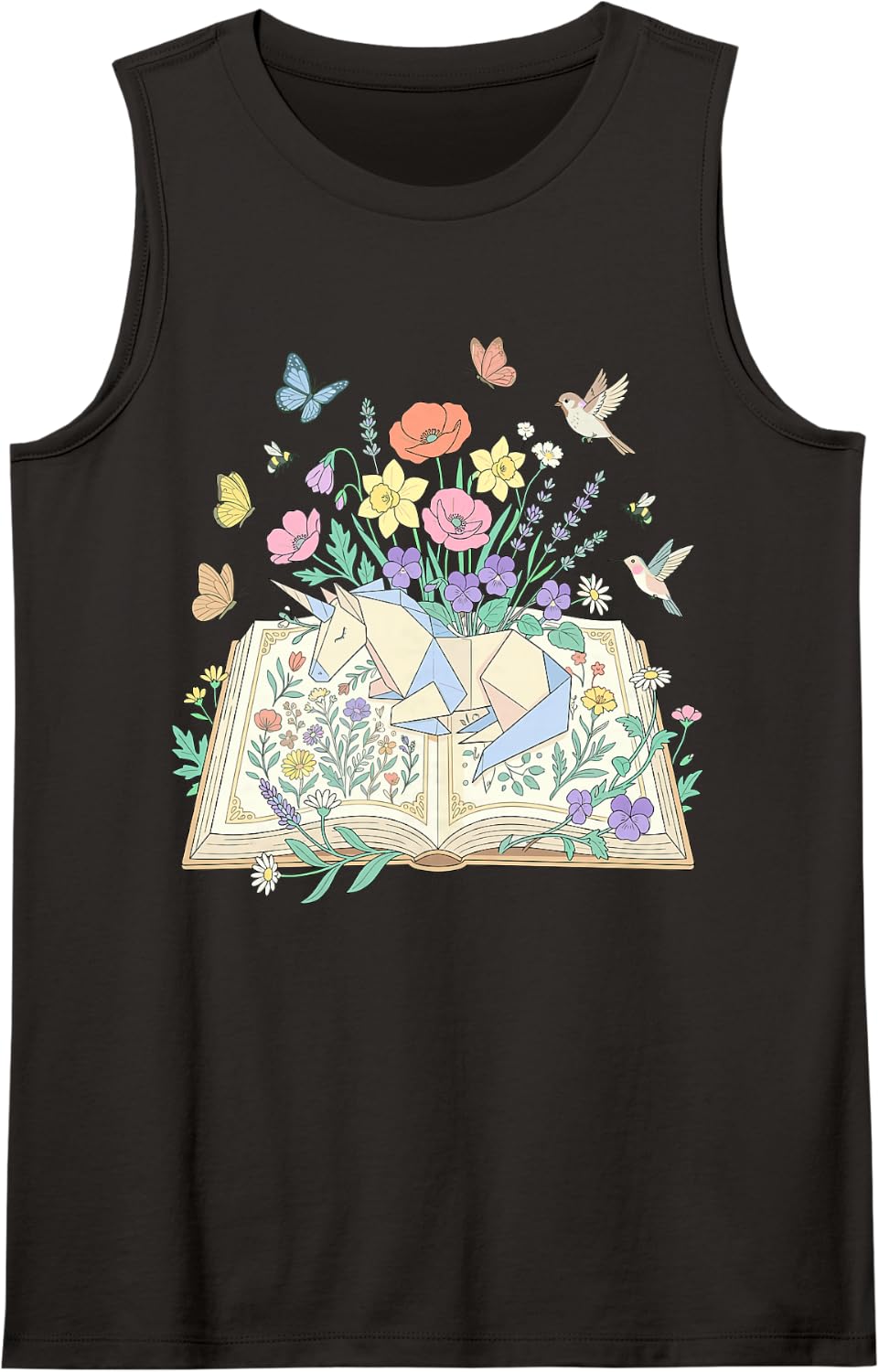 Sleeping Origami Unicorn Floral Book Garden Sleeveless Tank Top - Black