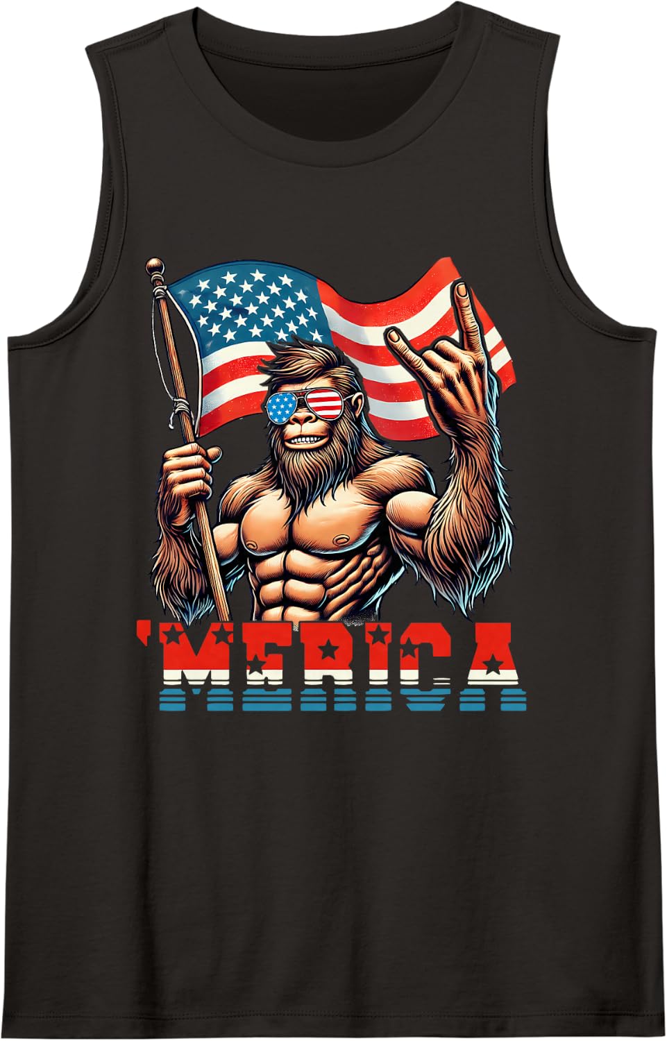 Bigfoot Merica Rock American Flag Patriotic 4th of July Sleeveless Tank Top - Black