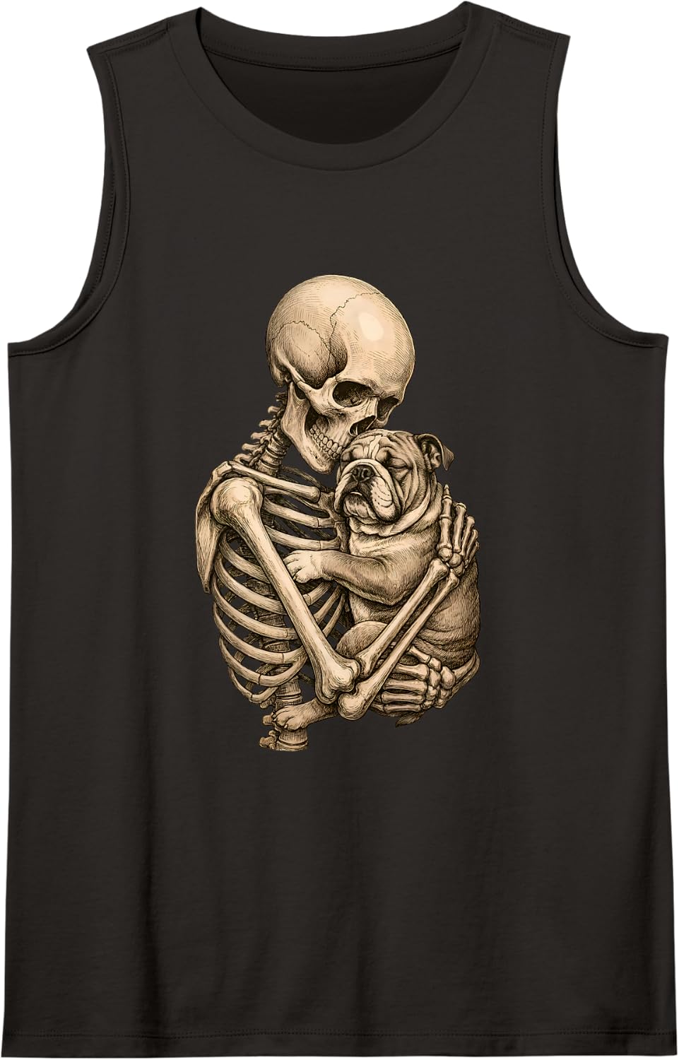 Halloween Gothic Skeleton Hugging English Bulldog Spooky Dog Sleeveless Tank Top - Black