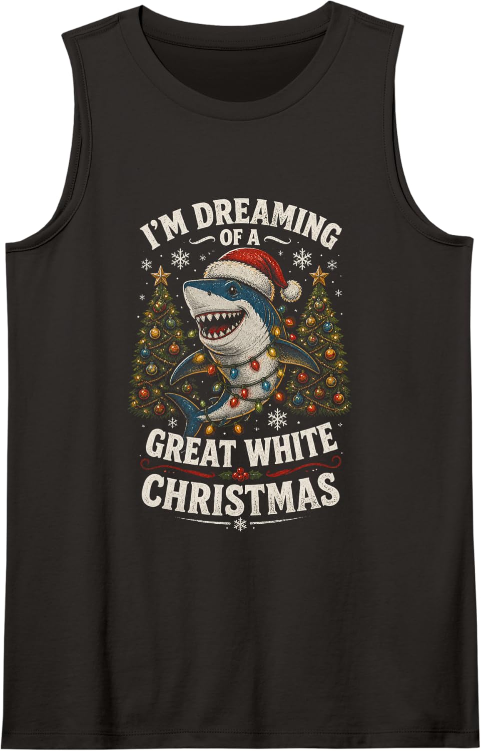 Funny Great White Shark Christmas Sleeveless Tank Top - Black