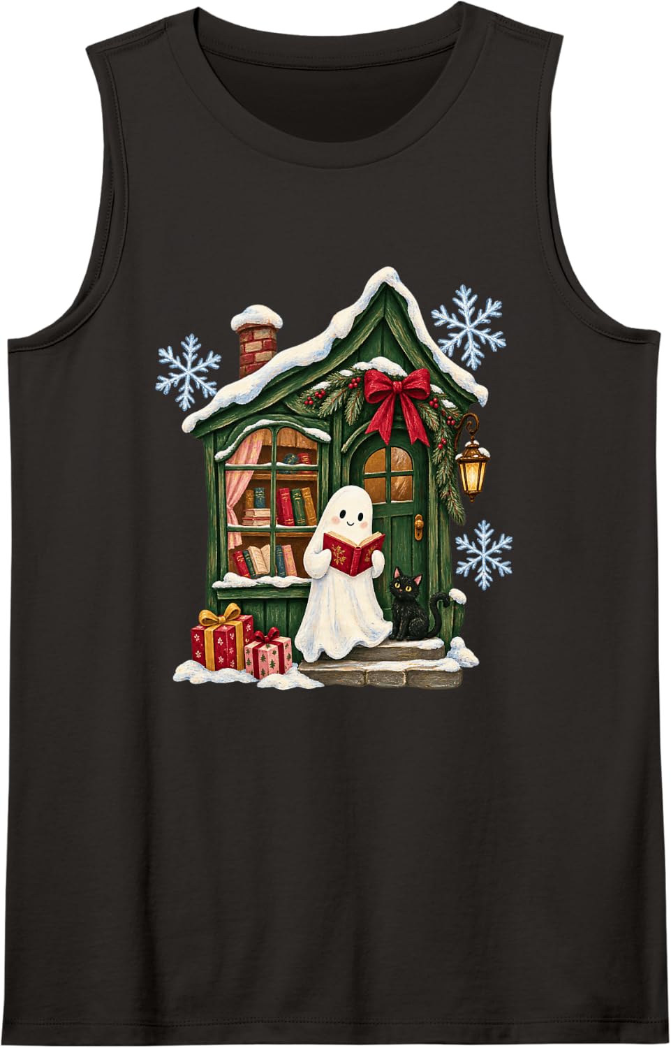 Cute Ghost Reading Book Lover Fall Christmas Tank Top - Black