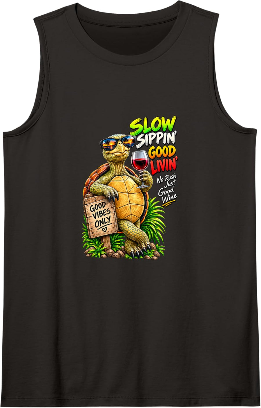 Slow Sippin Good Livin Funny Turtle Wine Tee Sleeveless Tank Top - Black