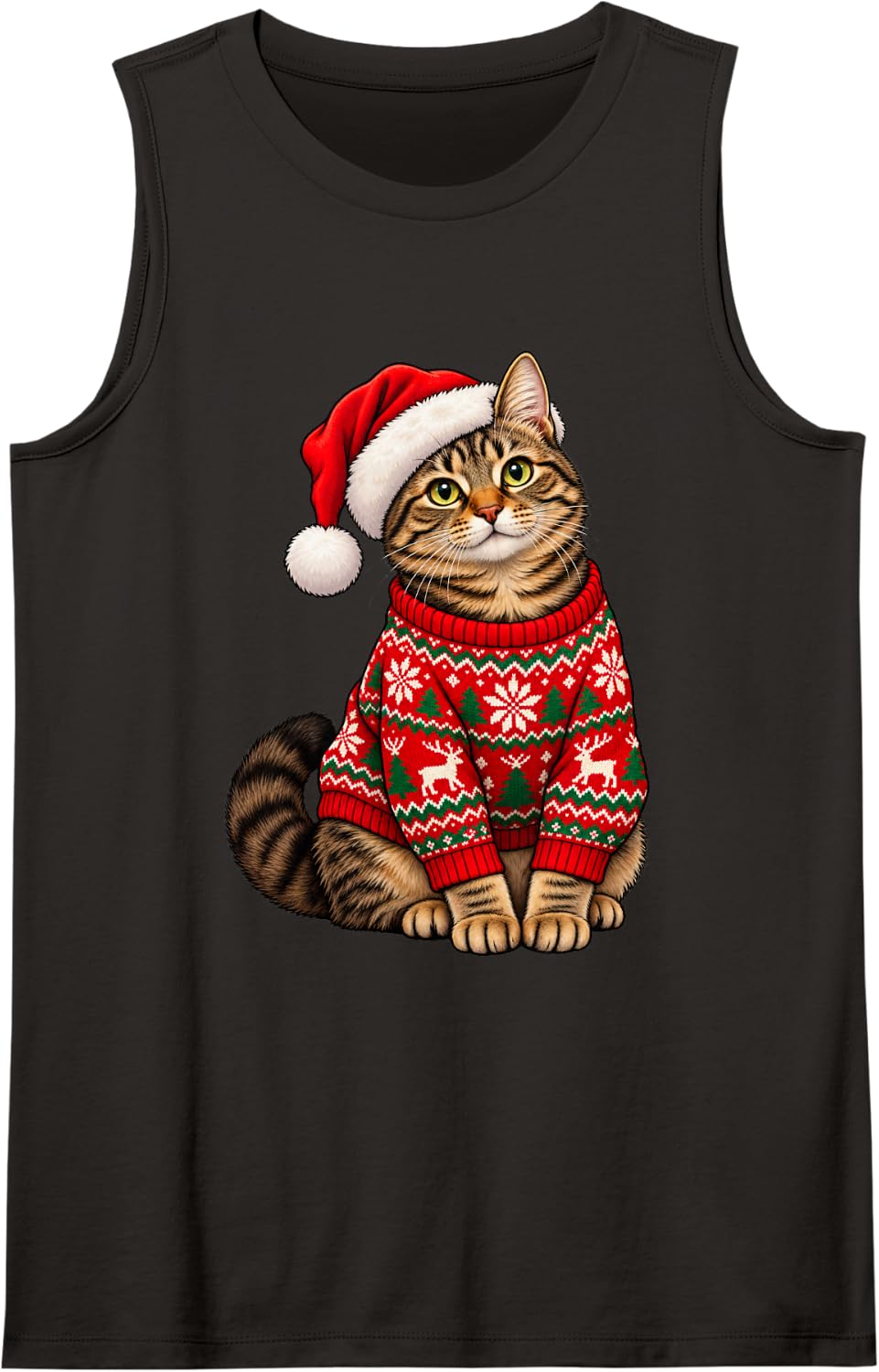 Tabby Cat Ugly Sweater Santa Hat Christmas Sleeveless Tank Top - Black