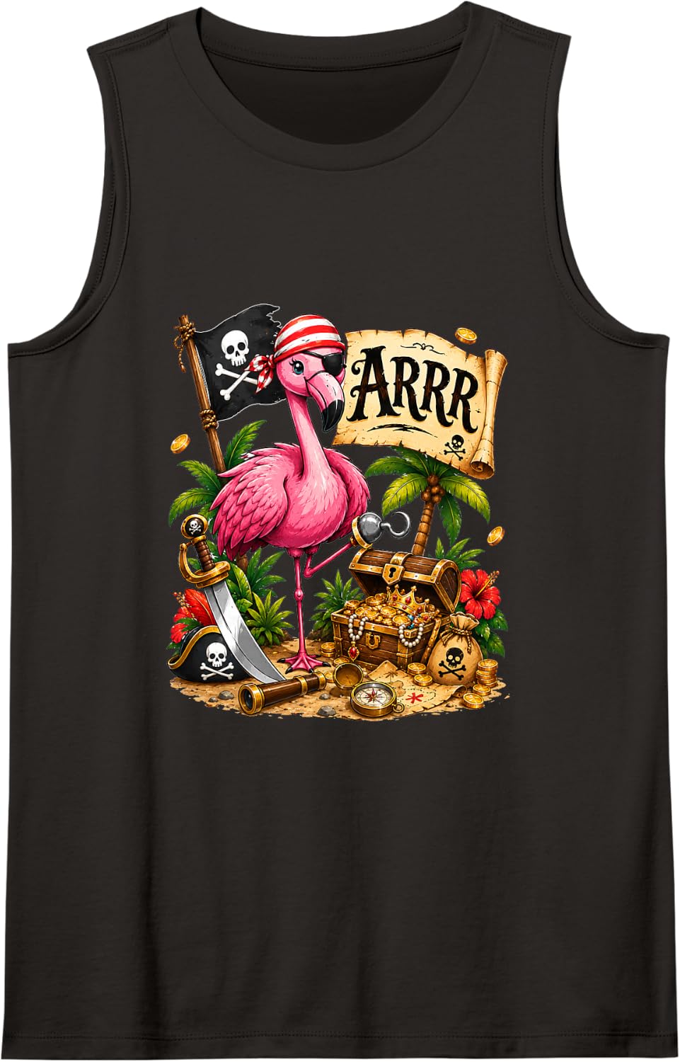 Flamingo As Pirate Halloween Hawaiian Costume Animal Lover Sleeveless Tank Top - Black