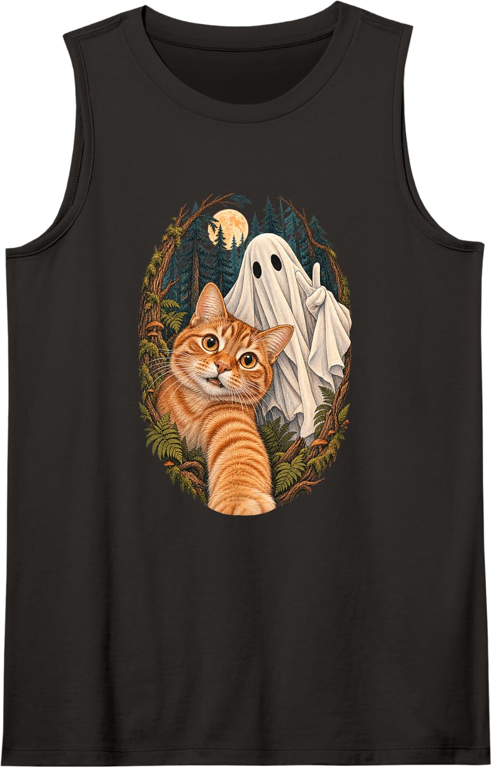 Halloween Tabby Cat and Ghost Spooky Forest Moon Sleeveless Tank Top - Black