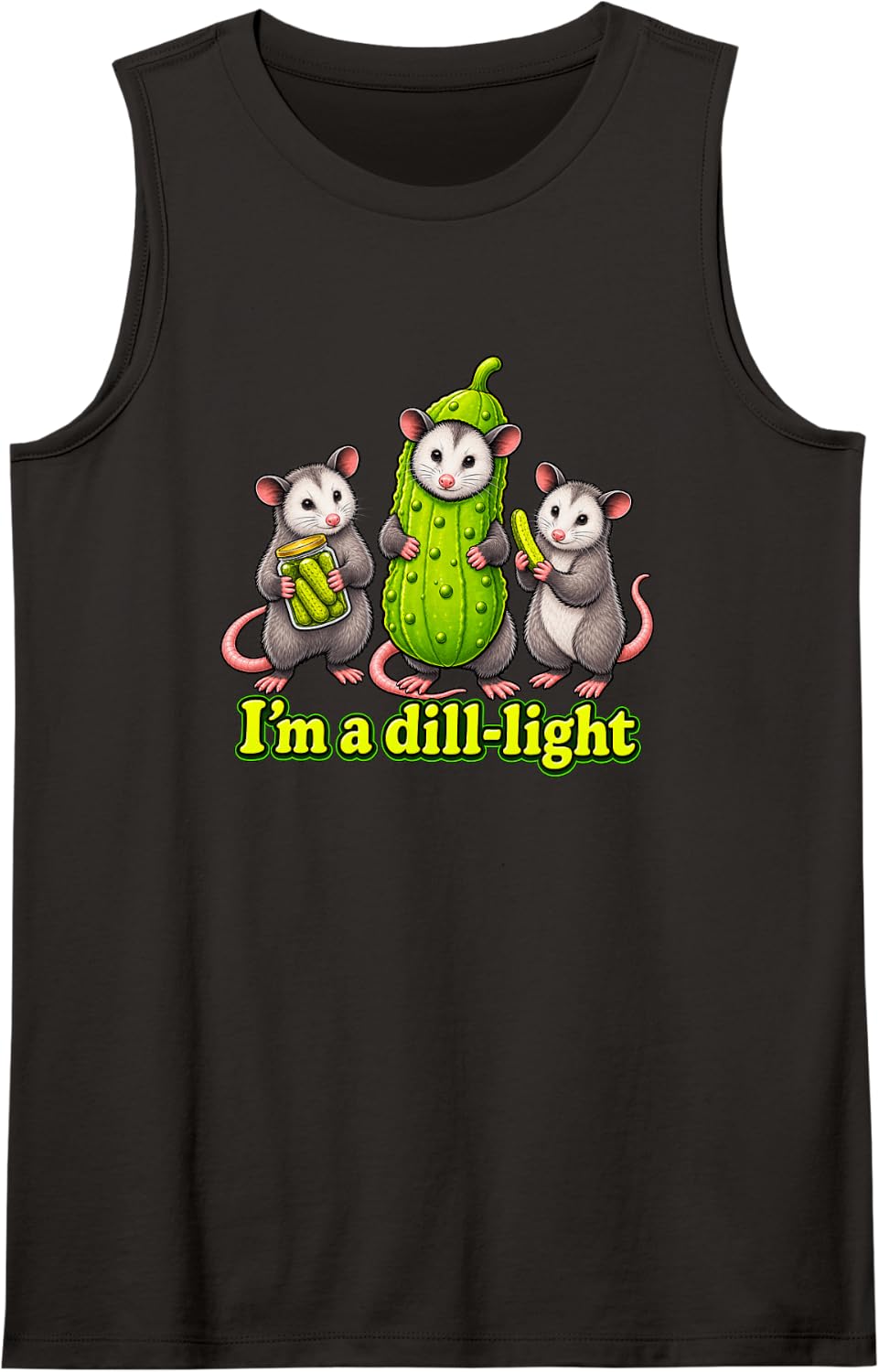 Funny Opossum Pickle Pun with Three Cartoon Opossums Tank Top - Black