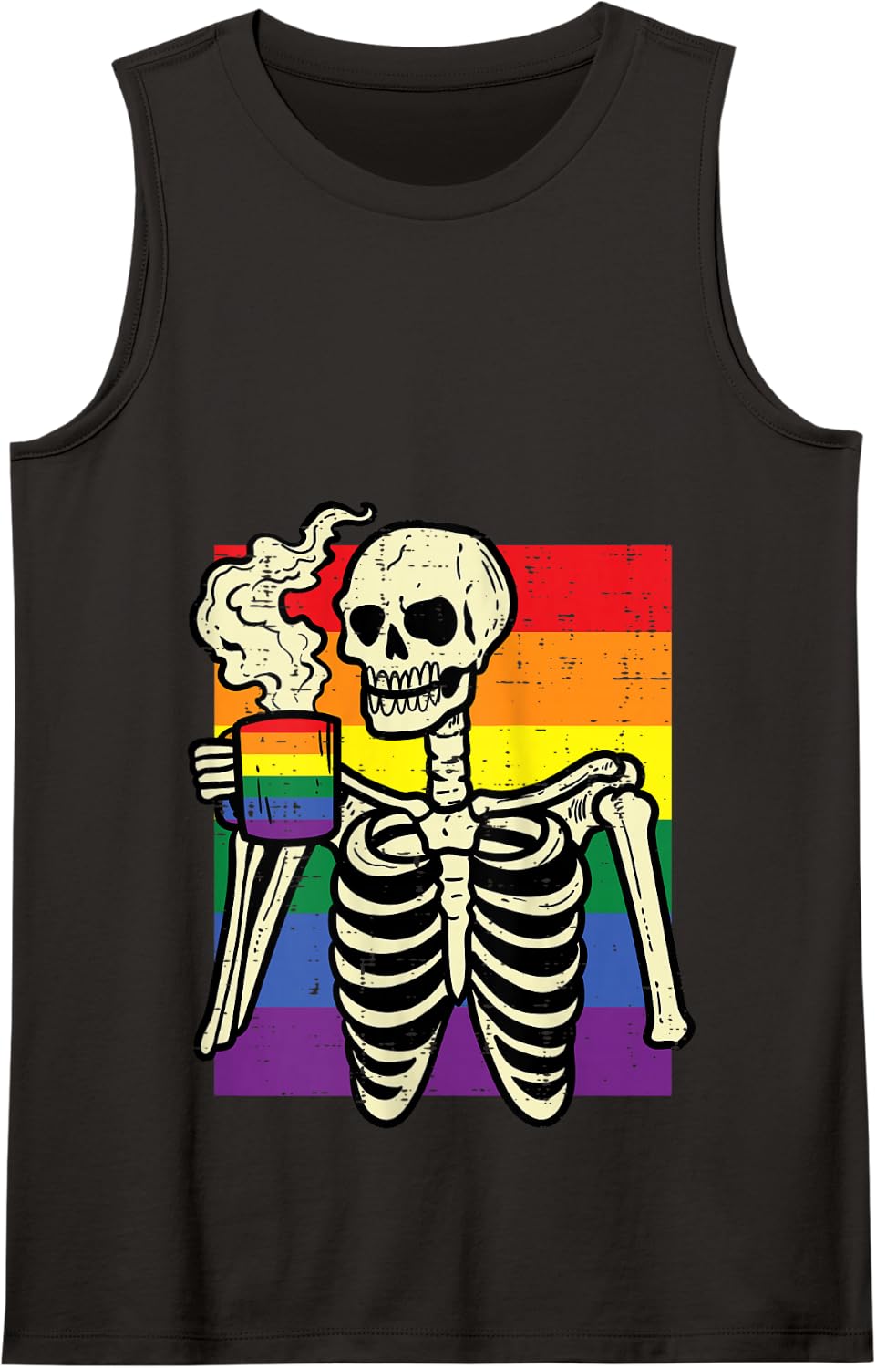 Gay Pride Skeleton Coffee Funny Rainbow Flag LGBTQ Men Women Tank Top - Black
