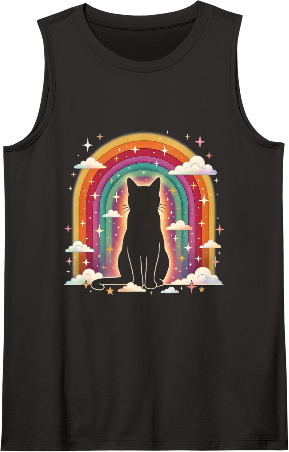 Cat Silhouette Under Rainbow Bridge Clouds Stars Memorial Tank Top - Black