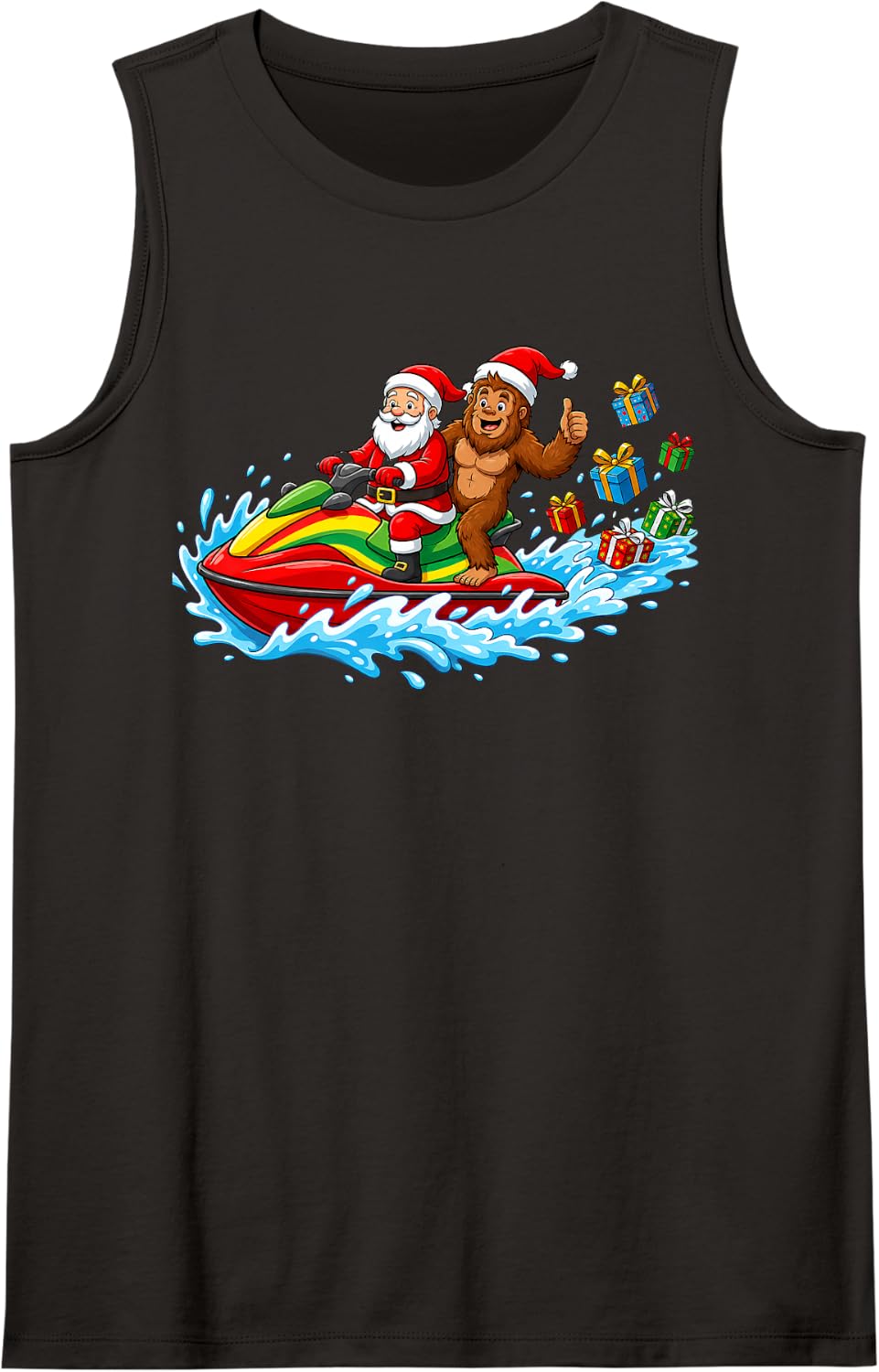 Funny Christmas Santa Sasquatch Bigfoot Jet Skiing Tank Top - Black