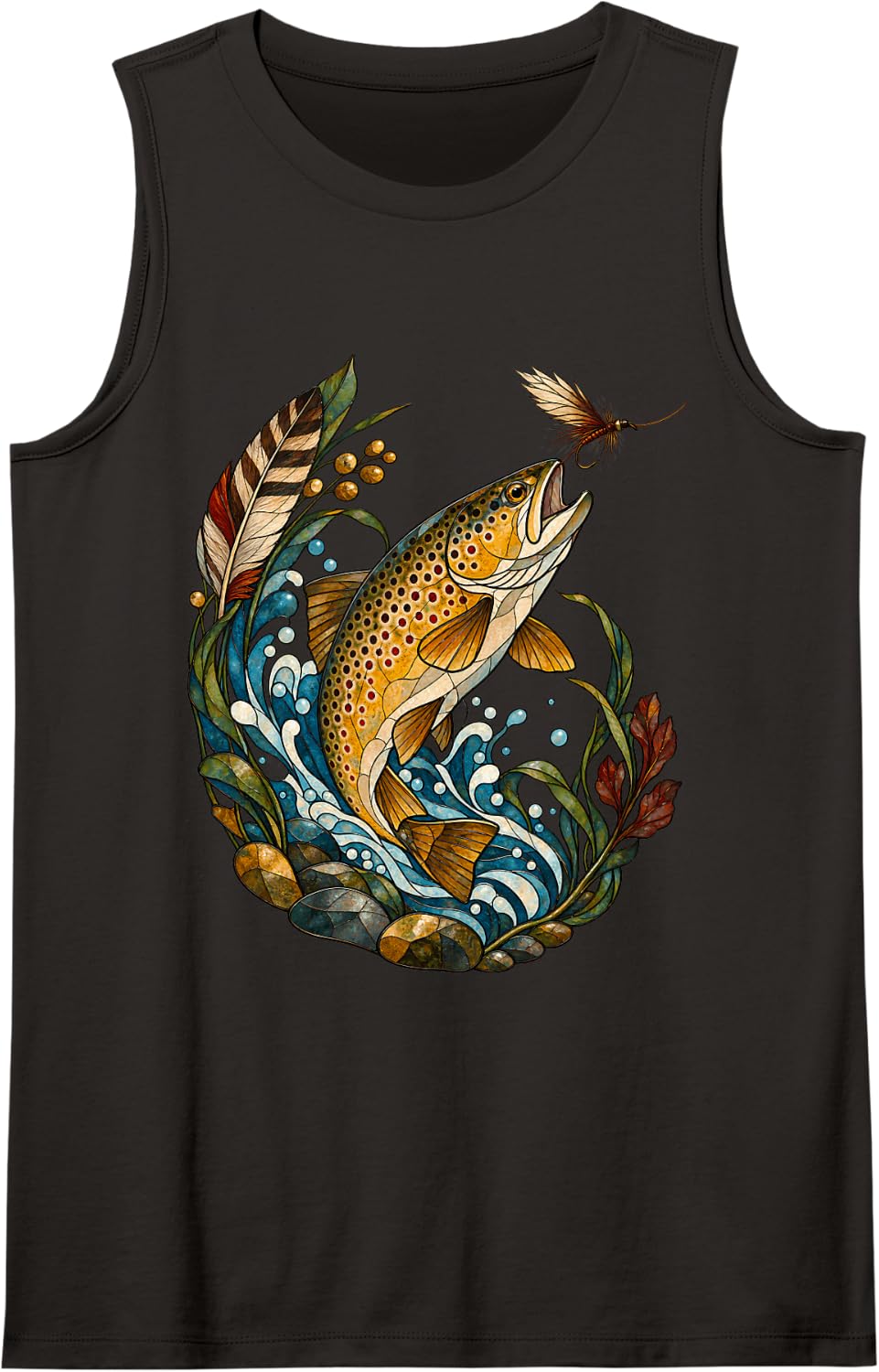 Stained Glass Trout Fly Fishing Fisherman Angler Sleeveless Tank Top - Black