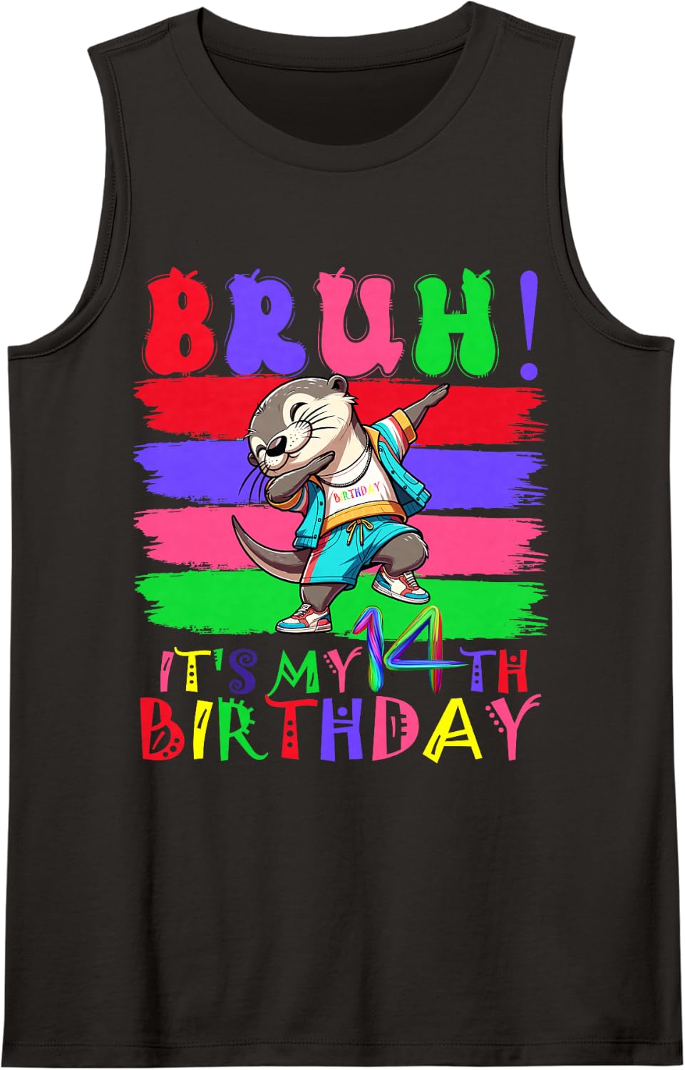 14 Year Old It's My 14th Birthday Otter Dabbing boy Girl Sleeveless Tank Top - Black