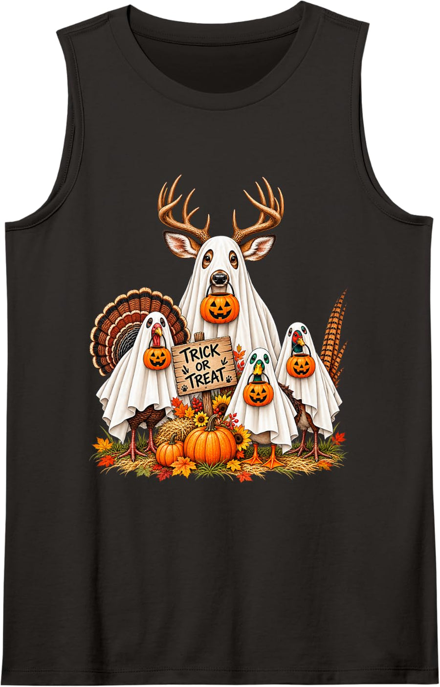 Ghost Deer Turkey Duck Halloween Hunting Sleeveless Tank Top - Black
