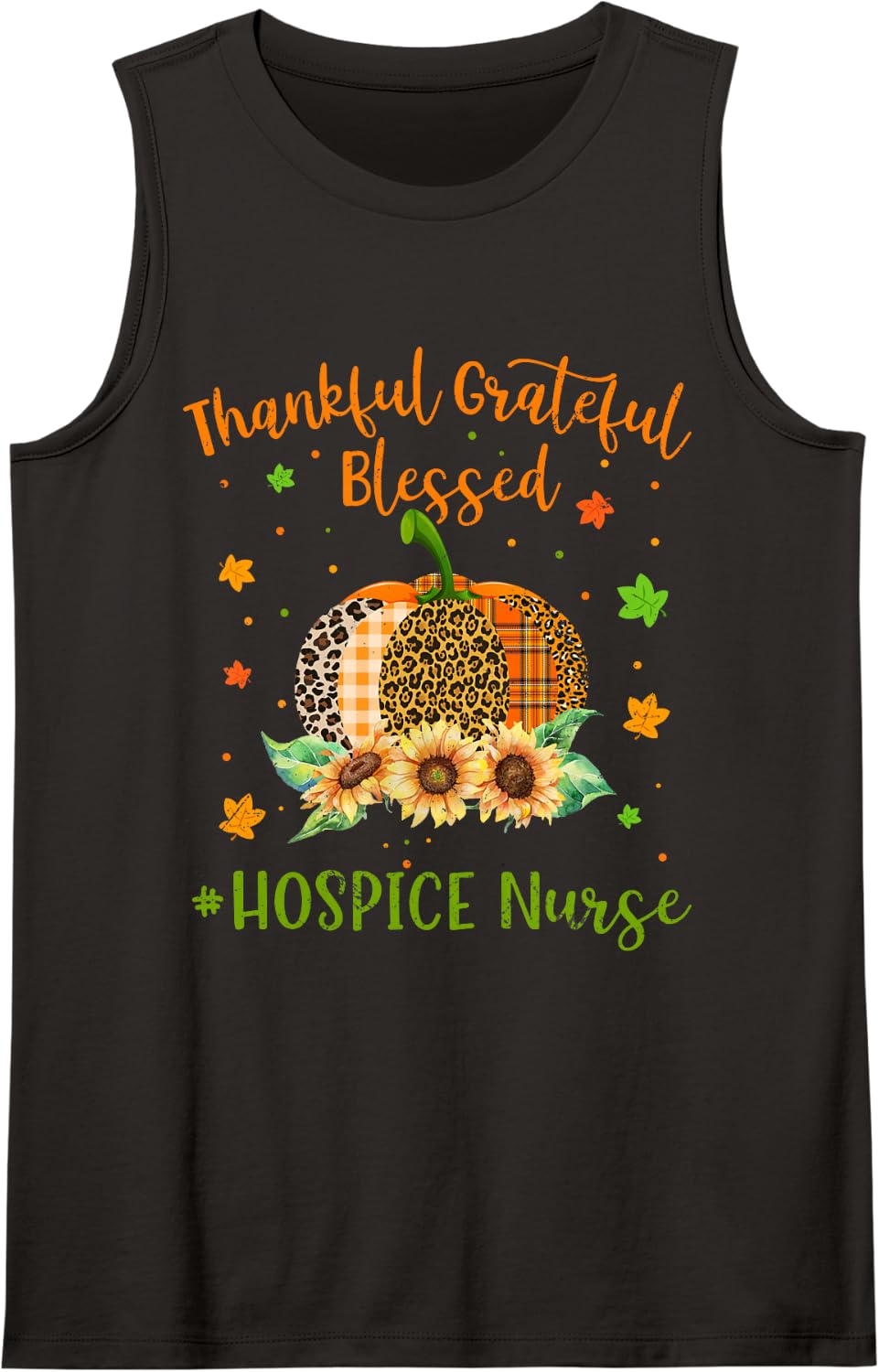 Thankful Hospice Nurse Pumpkin Sunflower Thanksgiving Sleeveless Tank Top - Black