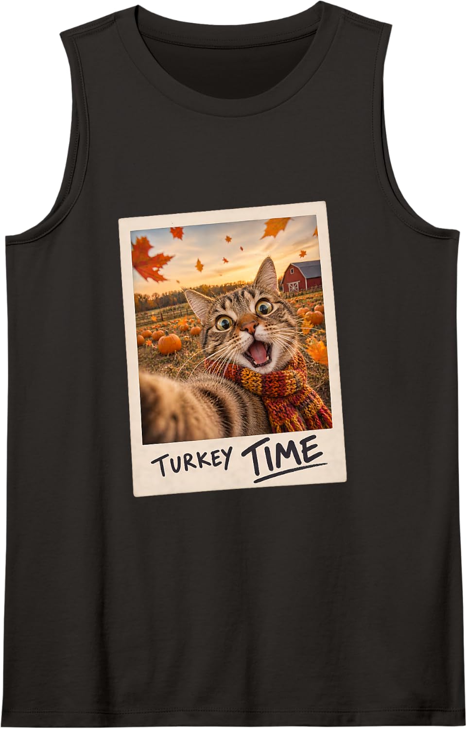 Turkey Time Tabby Cat Selfie Thanksgiving Funny Sleeveless Tank Top - Black