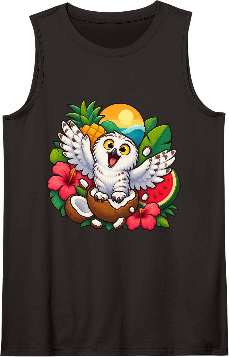 Surprised Snowy Owl with Funny Expression Sleeveless Tank Top - Black