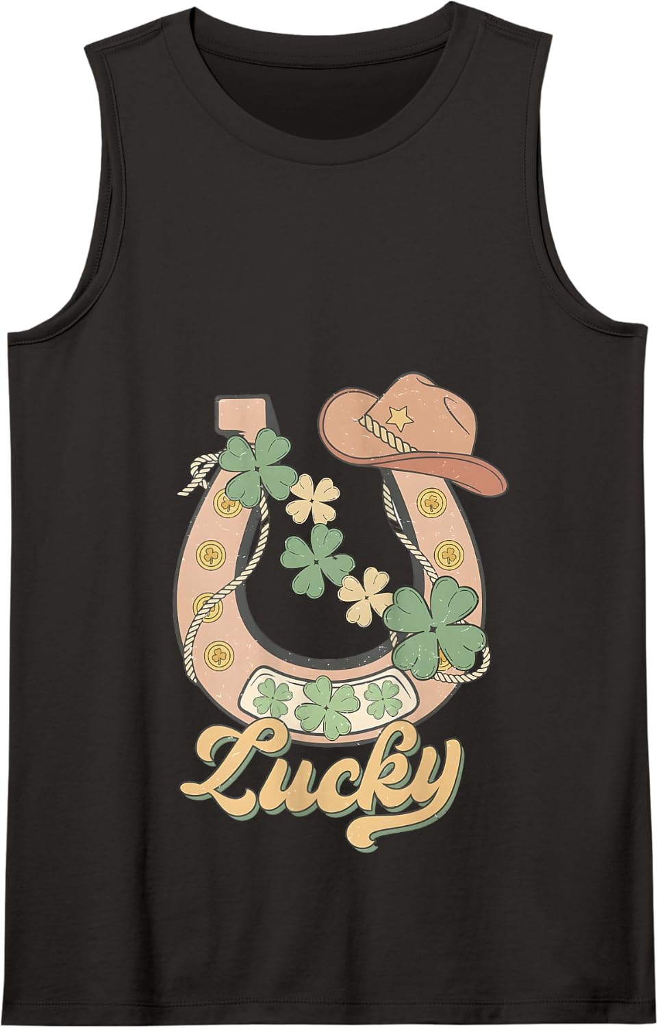 Howdy Cowboy Retro St. Patrick's Day Lucky Horseshoe Western Tank Top - Black