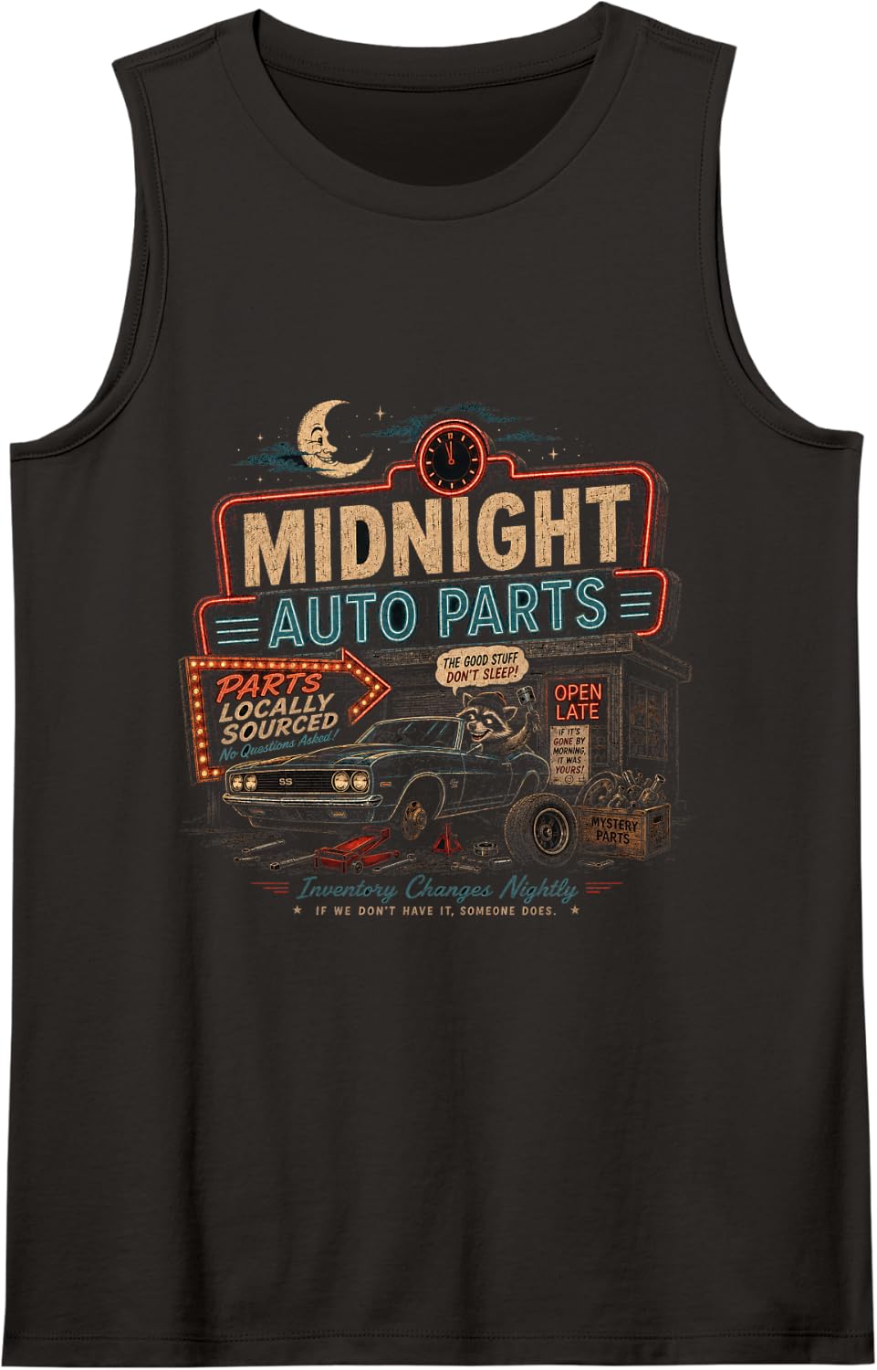 Midnight Auto Parts Neon Garage Mechanic Humor Tank Top - Black