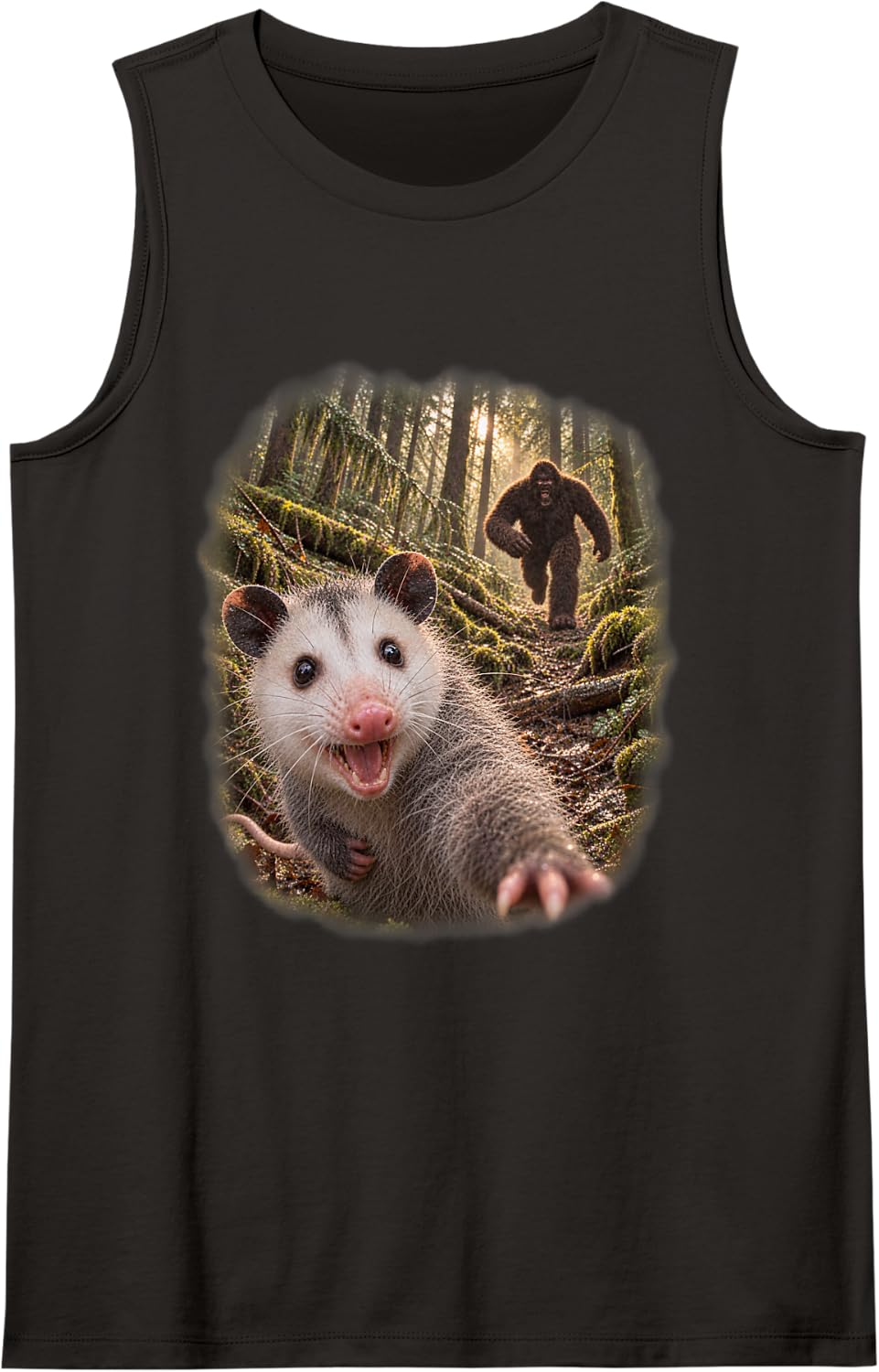 Opossum Lover Forest Sasquatch Chase Funny Bigfoot Selfie Sleeveless Tank Top - Black
