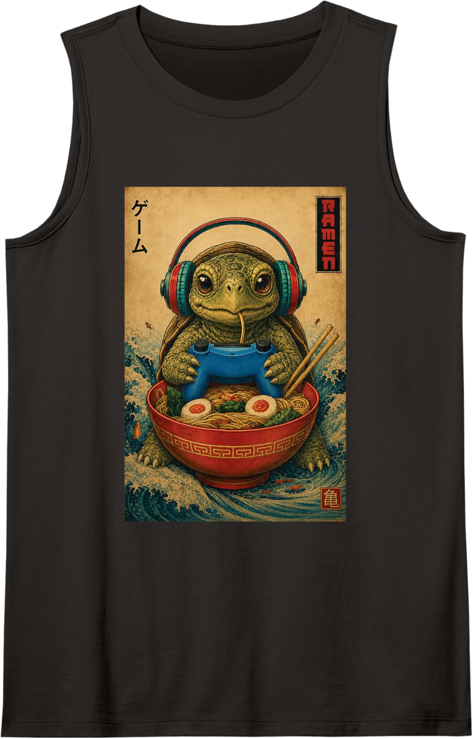 Ramen Gamer Turtle Funny Gaming Reptile Men Boys Kids Sleeveless Tank Top - Black