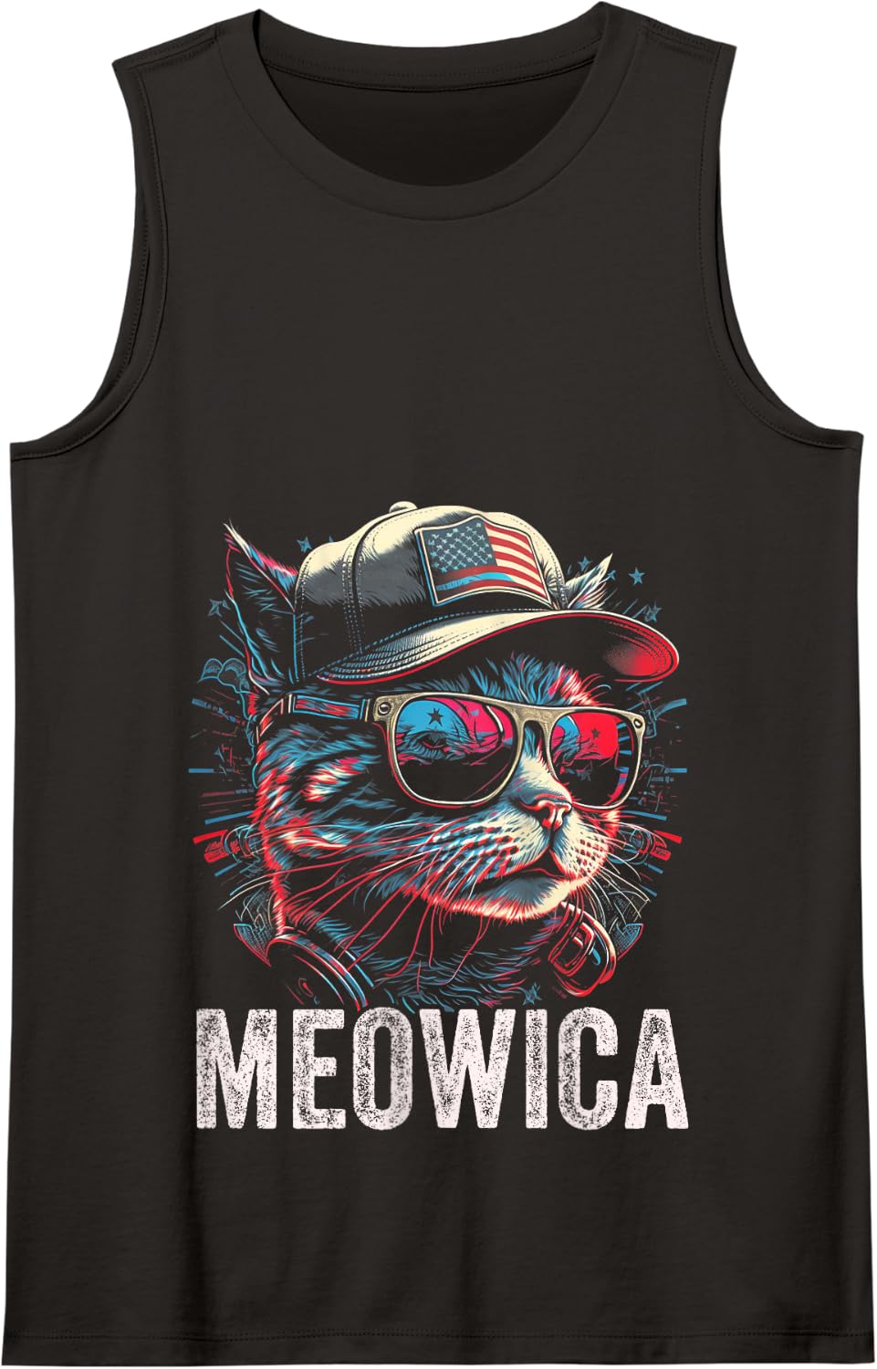 Meowica 4th of July Cat American Flag America USA Funny Tank Top - Black