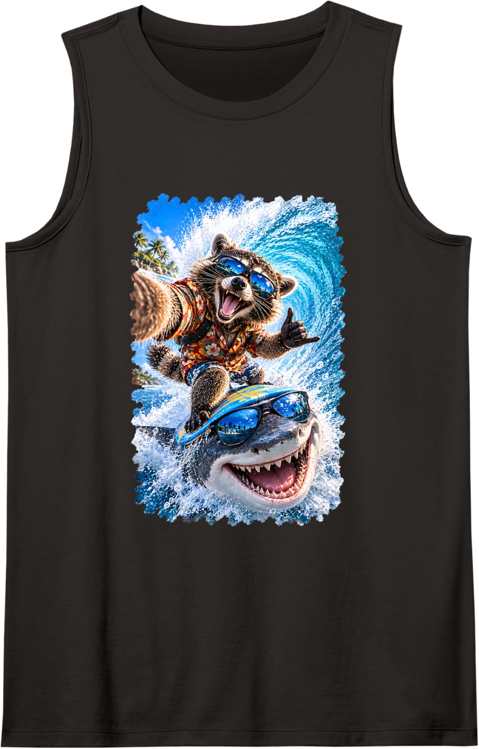 Raccoon Selfie Surfing On Shark Wave Surfer Sleeveless Tank Top - Black