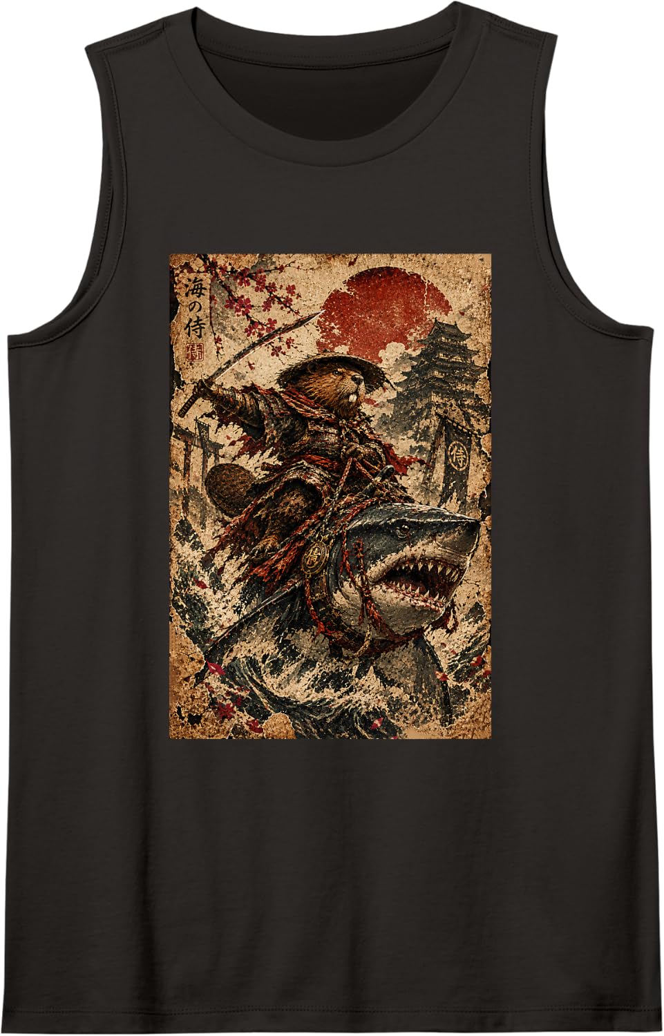 Funny Samurai Beaver Riding Shark Retro Japanese Aesthetic Sleeveless Tank Top - Black