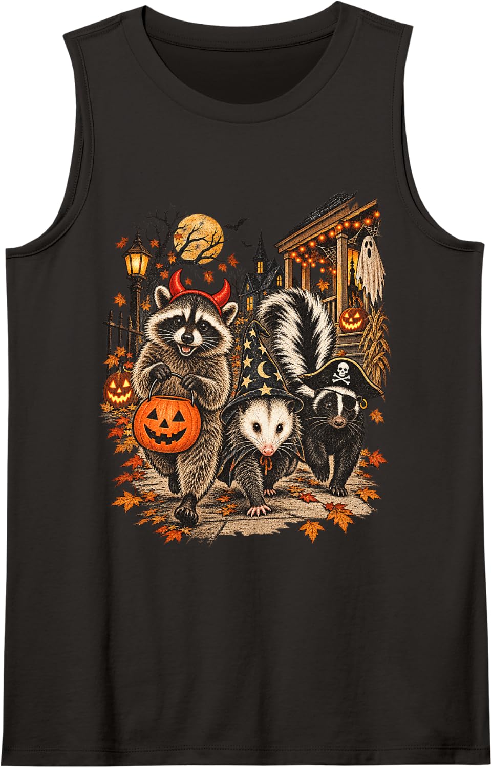 Cute Halloween Animals Trick Or Treat Raccoon Opossum Skunk Sleeveless Tank Top - Black