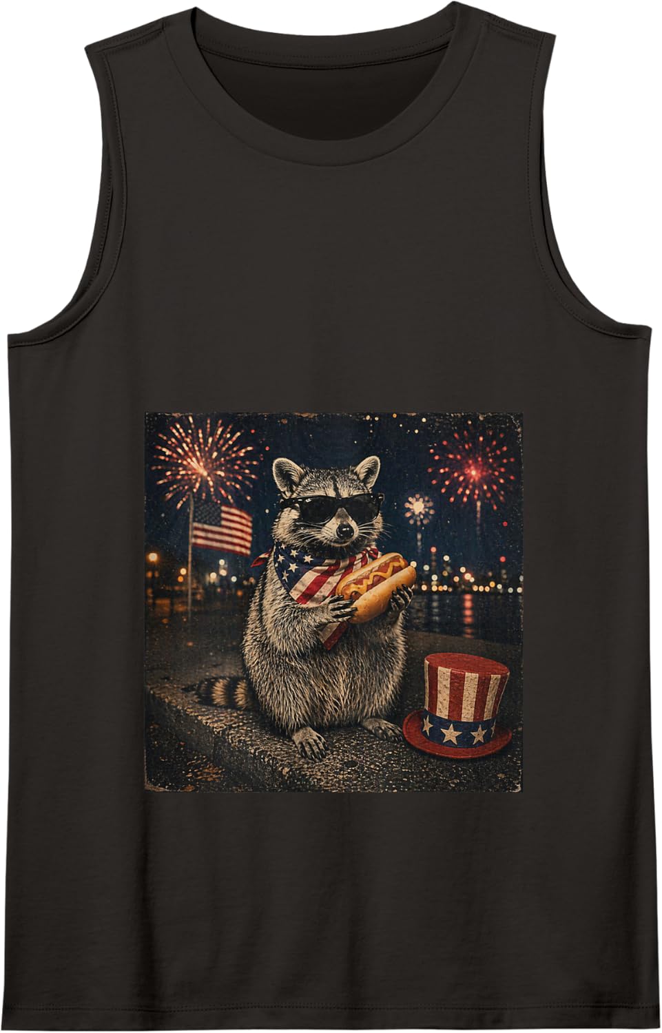Funny Raccoon 4th of July USA Hot-Dog Patriot Tank Top - Black
