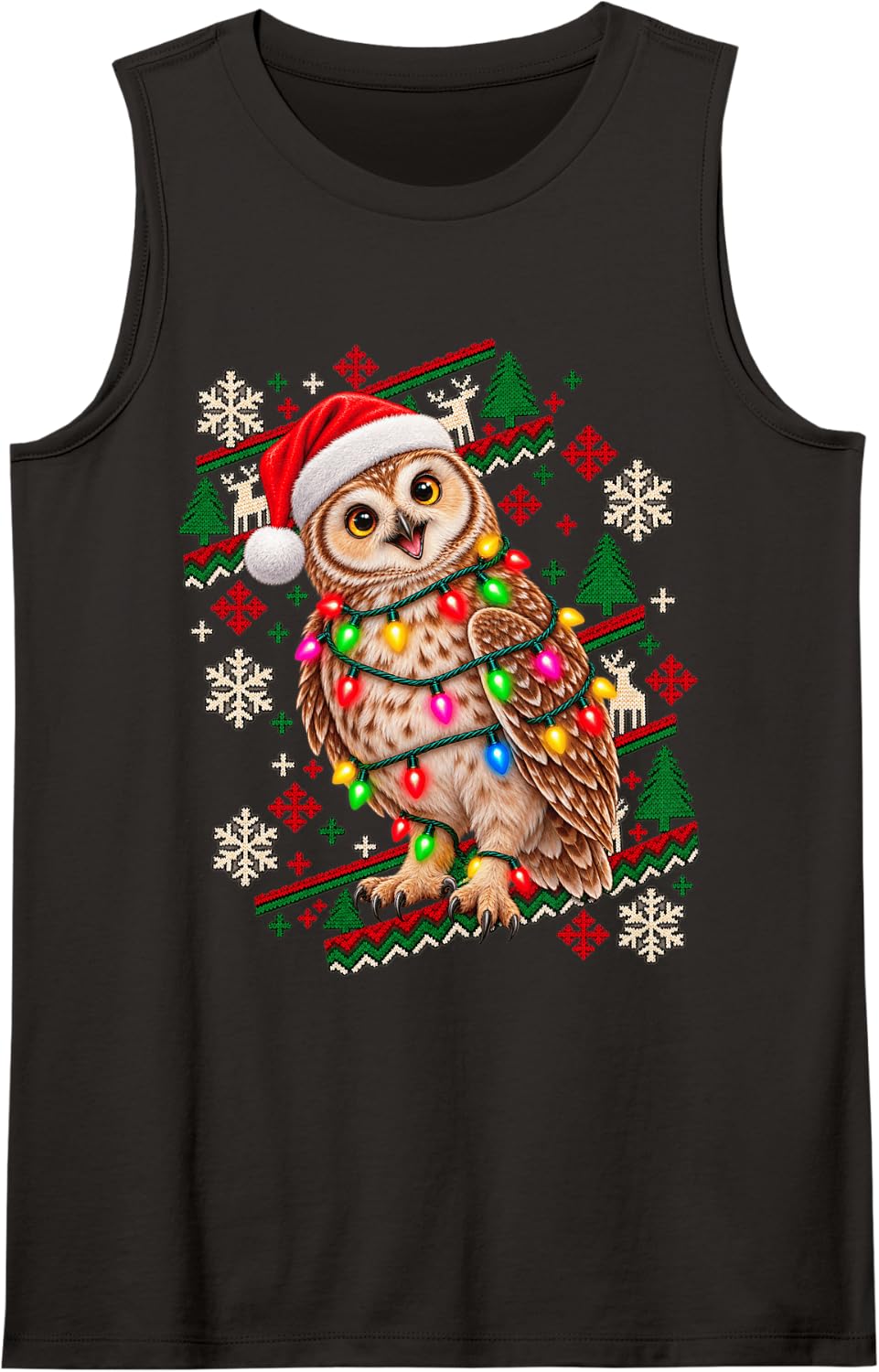 Christmas Lights Owl Happy Holiday Design Sleeveless Tank Top - Black