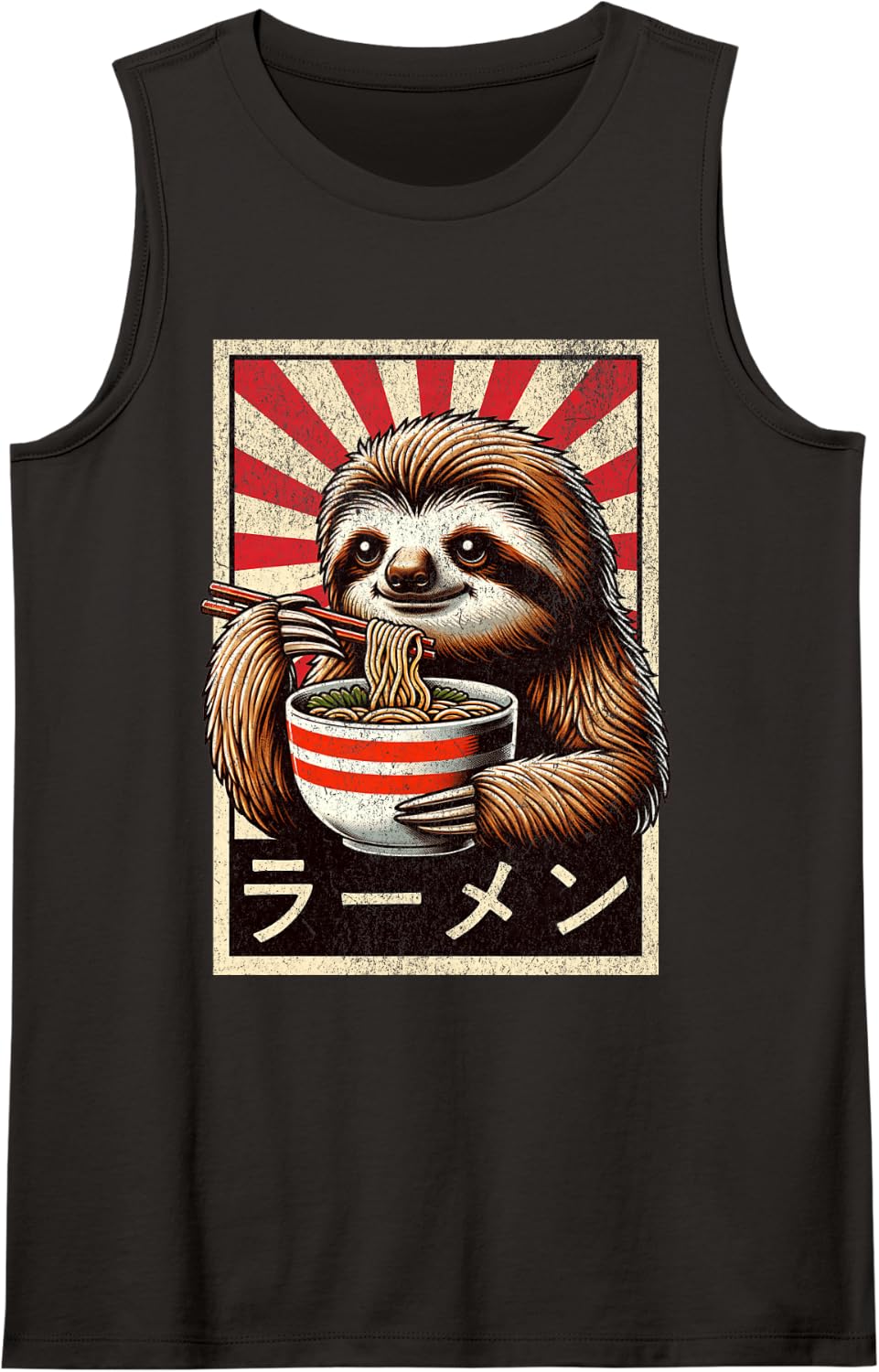Vintage Sloth Eating Ramen. Funny Sloth Ramen Anime Lover Sleeveless Tank Top - Black