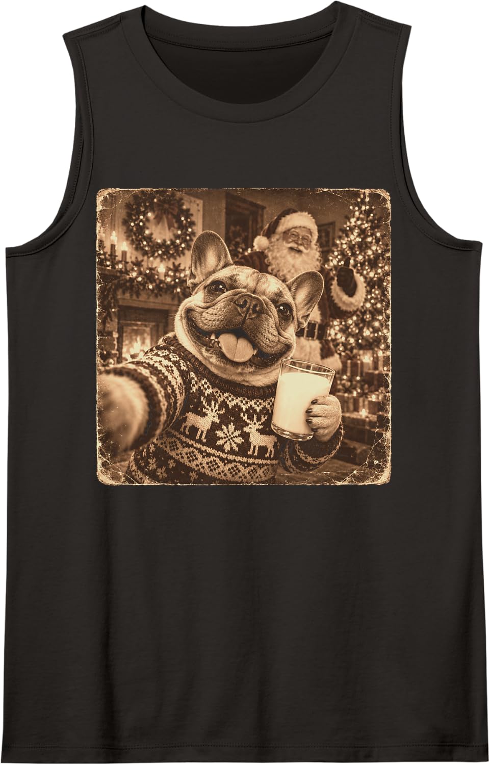 Christmas French Bulldog Selfie Ugly Sweater Retro Photo Sleeveless Tank Top - Black