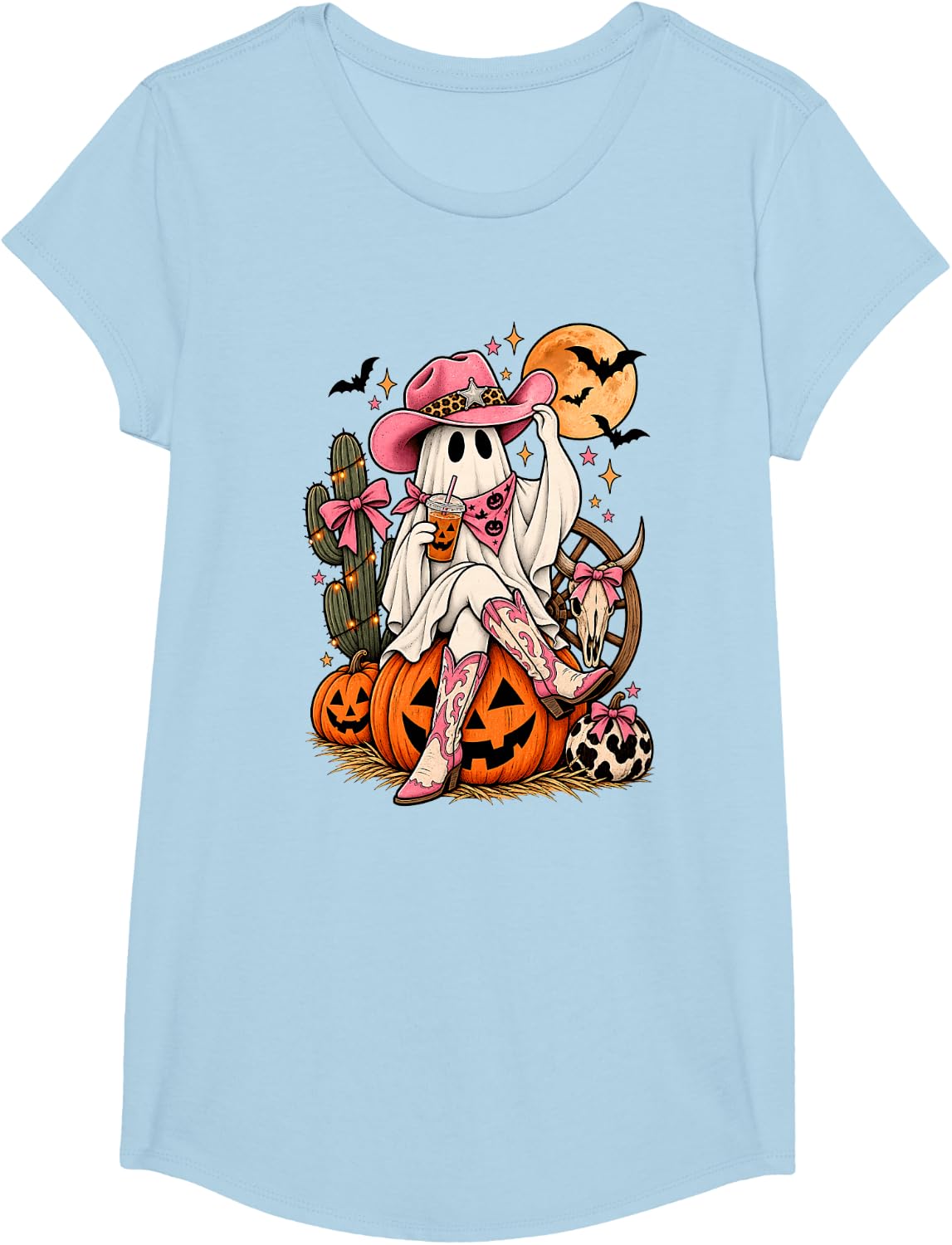 Cowgirl Ghost Western Pink Halloween T-Shirt - Girls Baby Blue