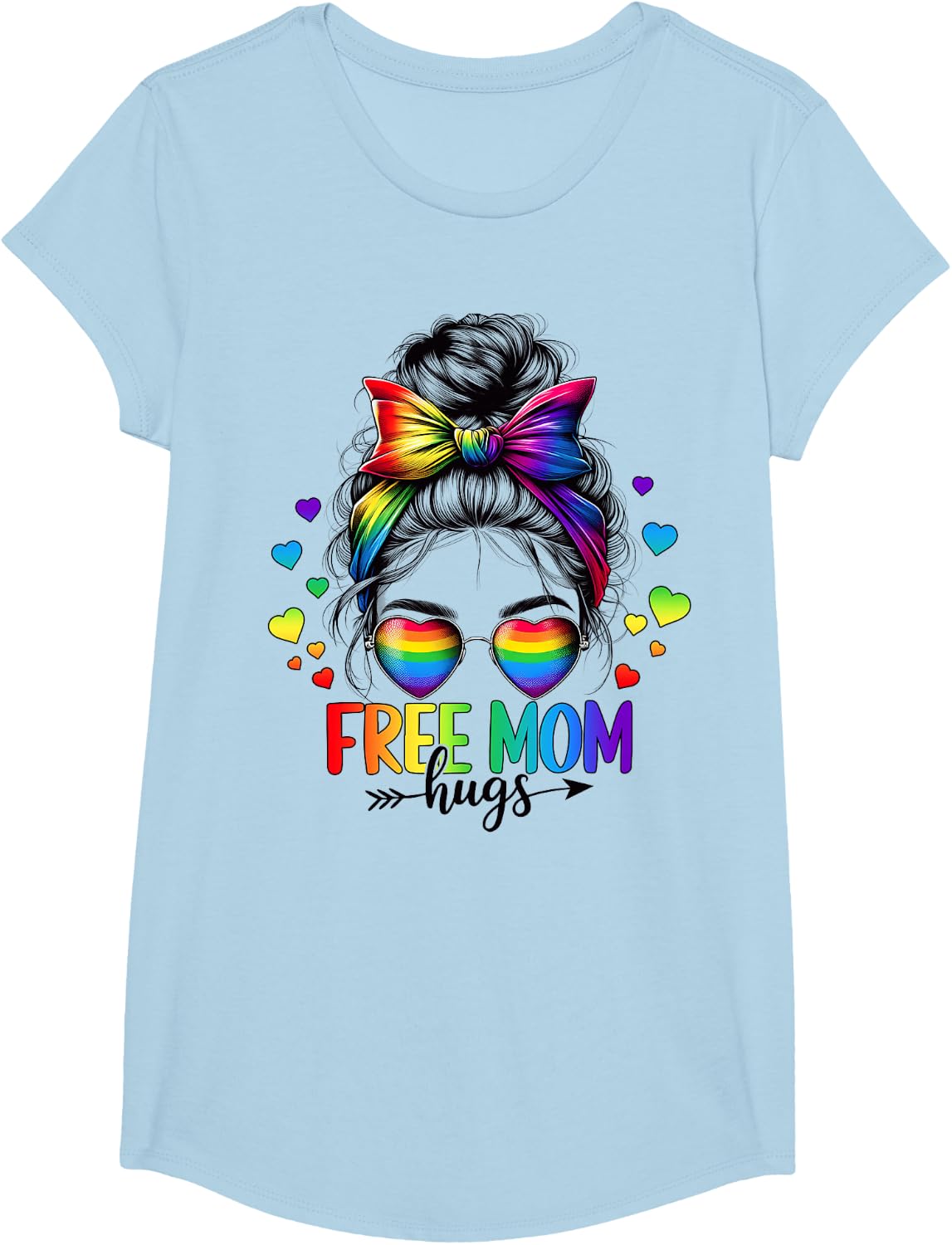 Free Mom Hugs LGBT Flag Messy Bun Trans Gay Pride Rainbow T-Shirt - Girls Baby Blue