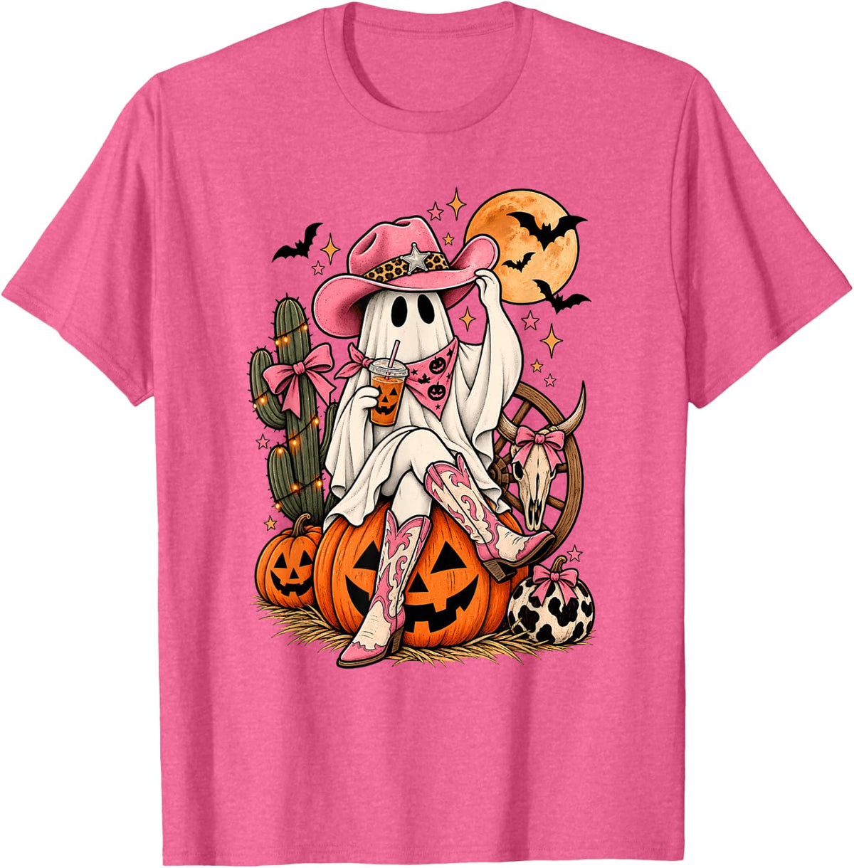 Cowgirl Ghost Western Pink Halloween T-Shirt - Pink Heather