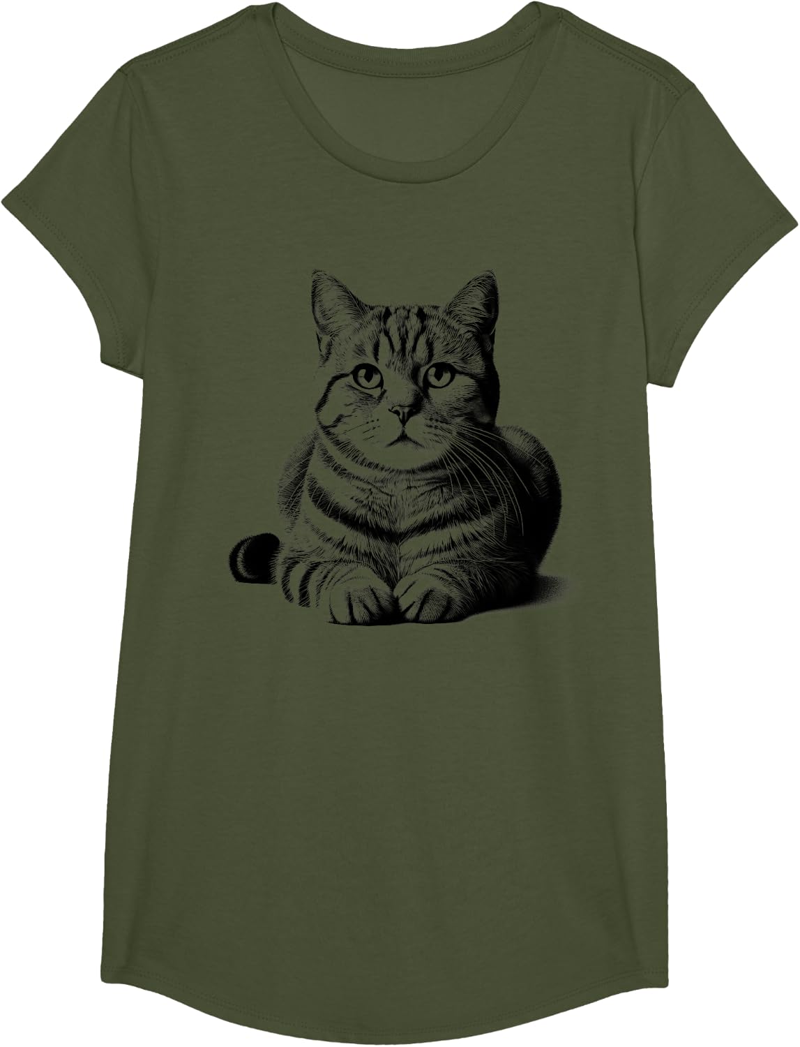 Cute Lying Cat Realistic Drawing Style Portrait T-Shirt - Girls Olive Green