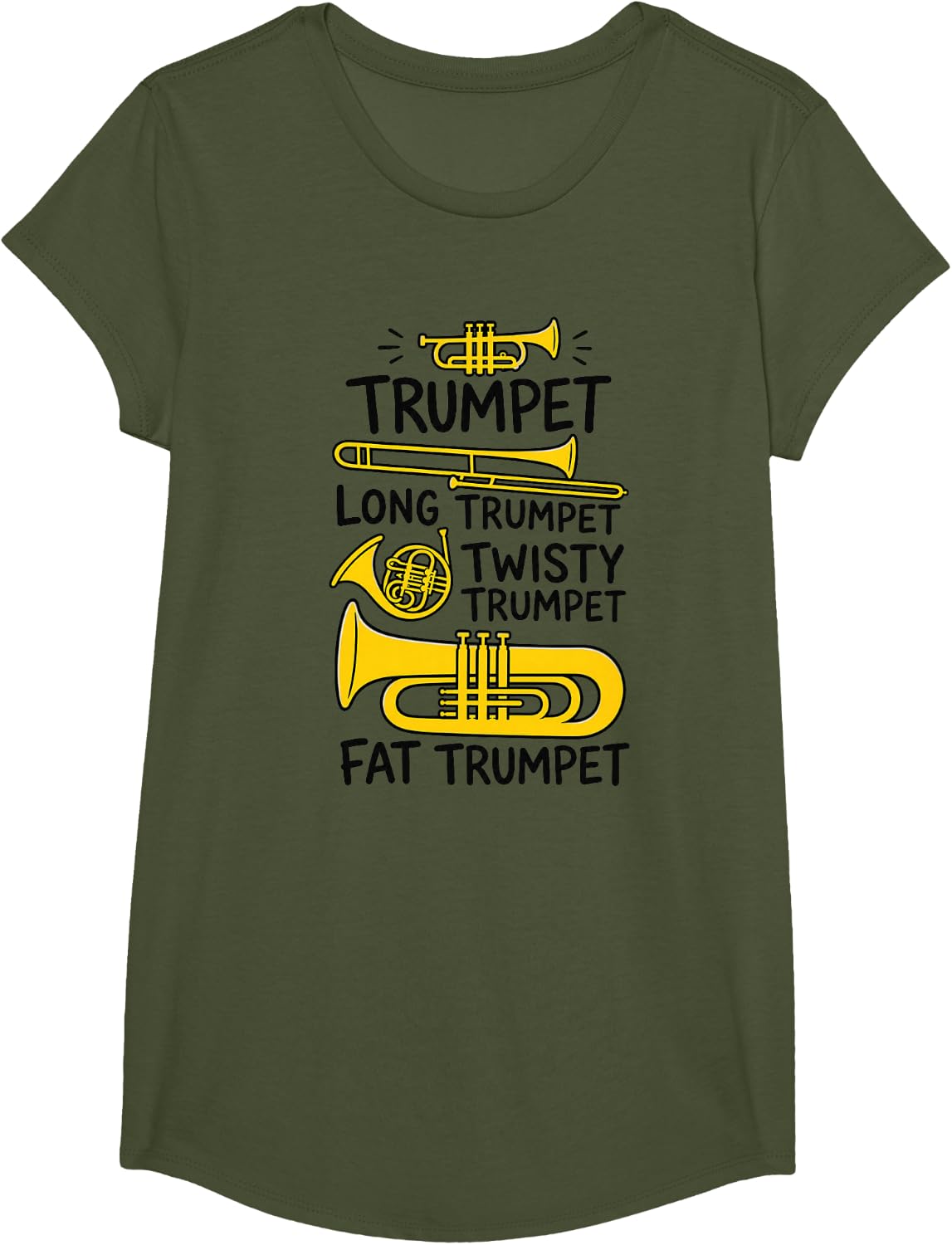 Funny Trumpet Long Twisty Fat Brass Music T-Shirt - Girls Olive Green