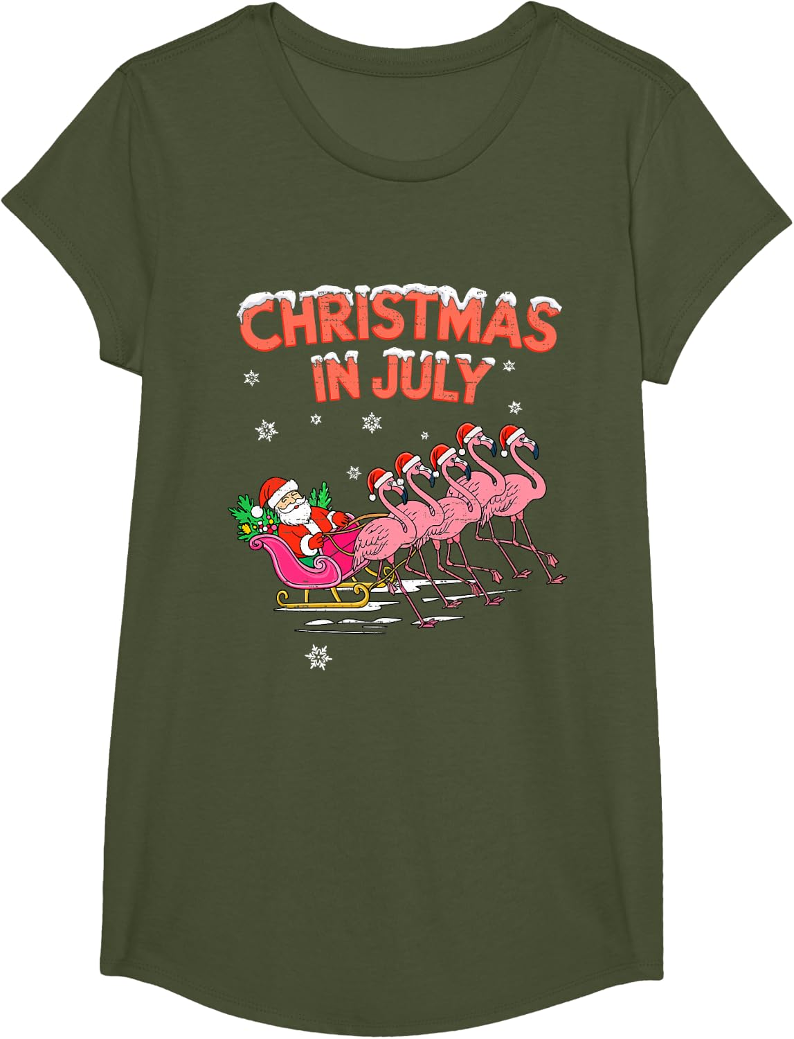 Flamingo Christmas In July Tees For Women Girls T Shirts Xmas Summer Holiday Tropical Beach Tee - Girls Olive Green