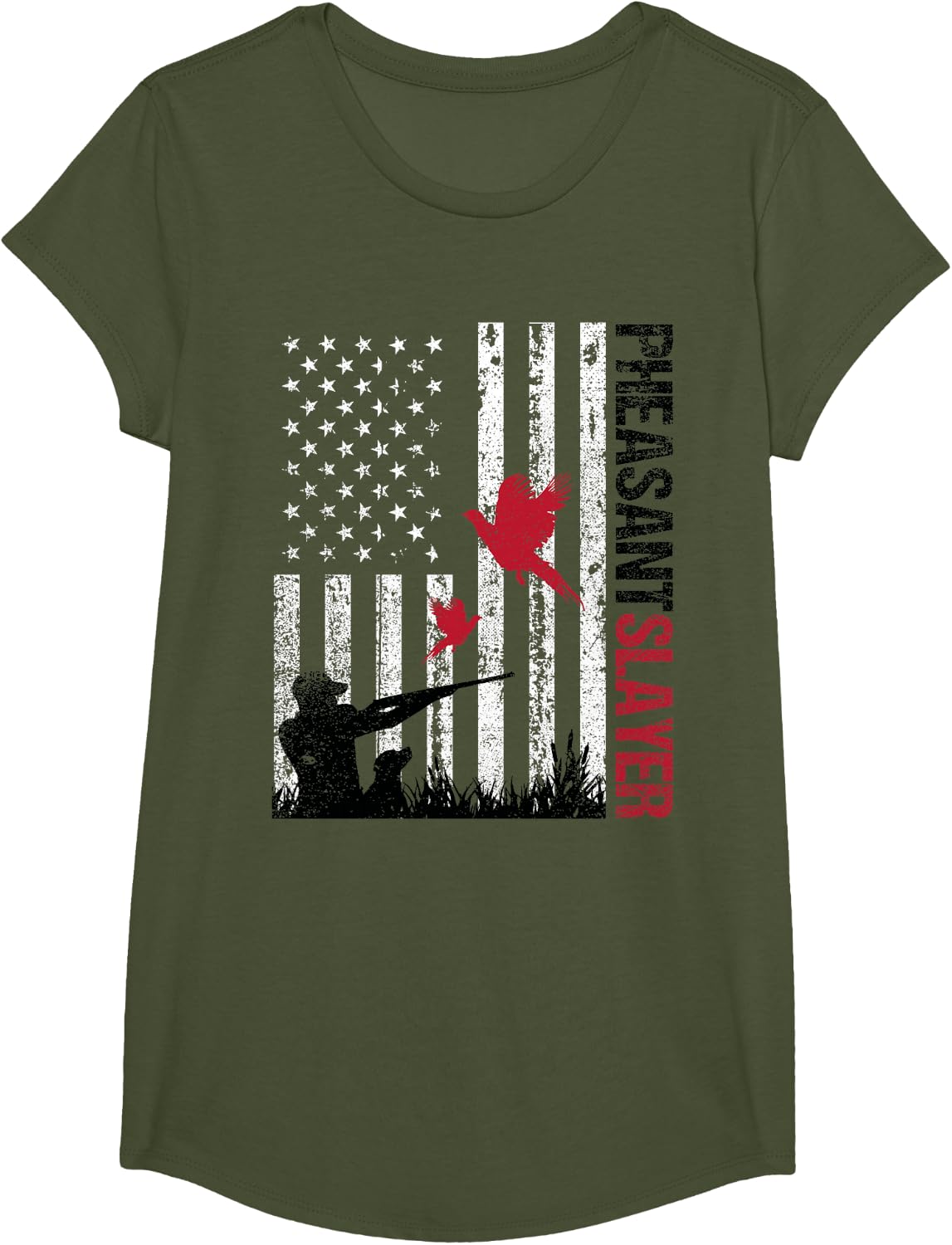 American Flag Pheasant Hunting Pheasant Slayer T-Shirt - Girls Olive Green