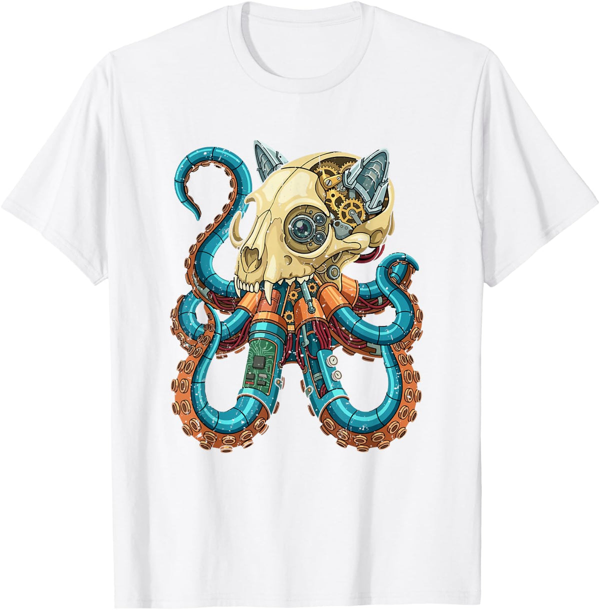 Cat Skull Octopus Tentacle Steampunk Art T-Shirt - White