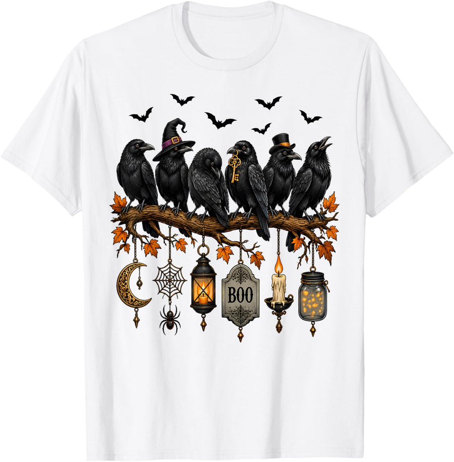 Black Crow Witch Hat Bat Lantern Halloween Bird T-Shirt - White