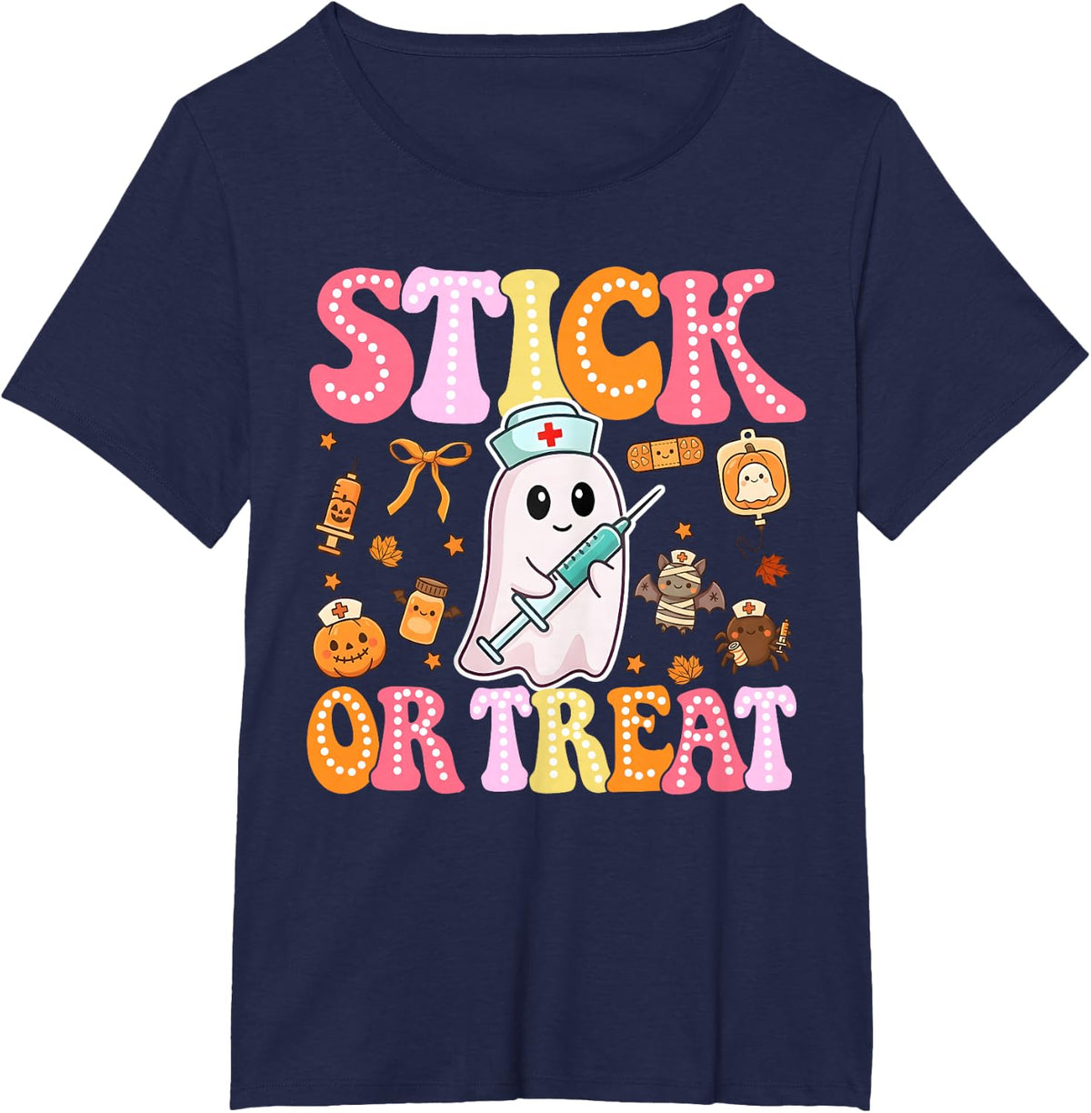Funny Stick Or Treat Cute Nurse Ghost Halloween Crew Women T-Shirt - Navy Blue
