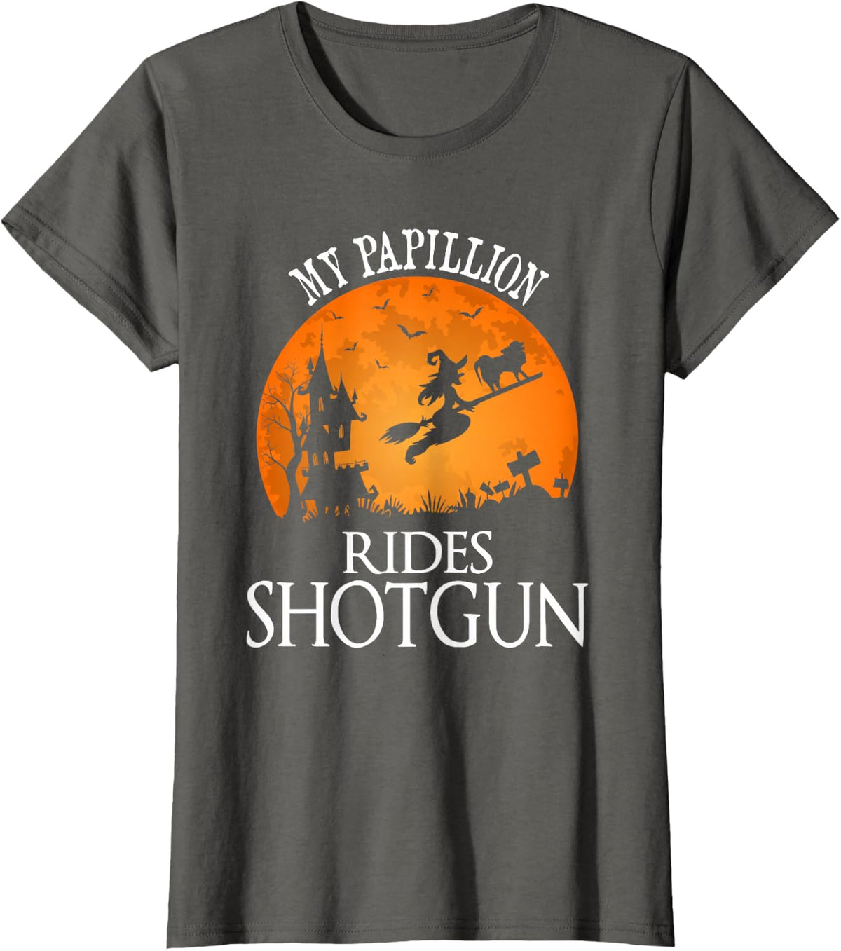 Papillion Rides Shotgun Dog Lover Party T-Shirt - Asphalt Grey