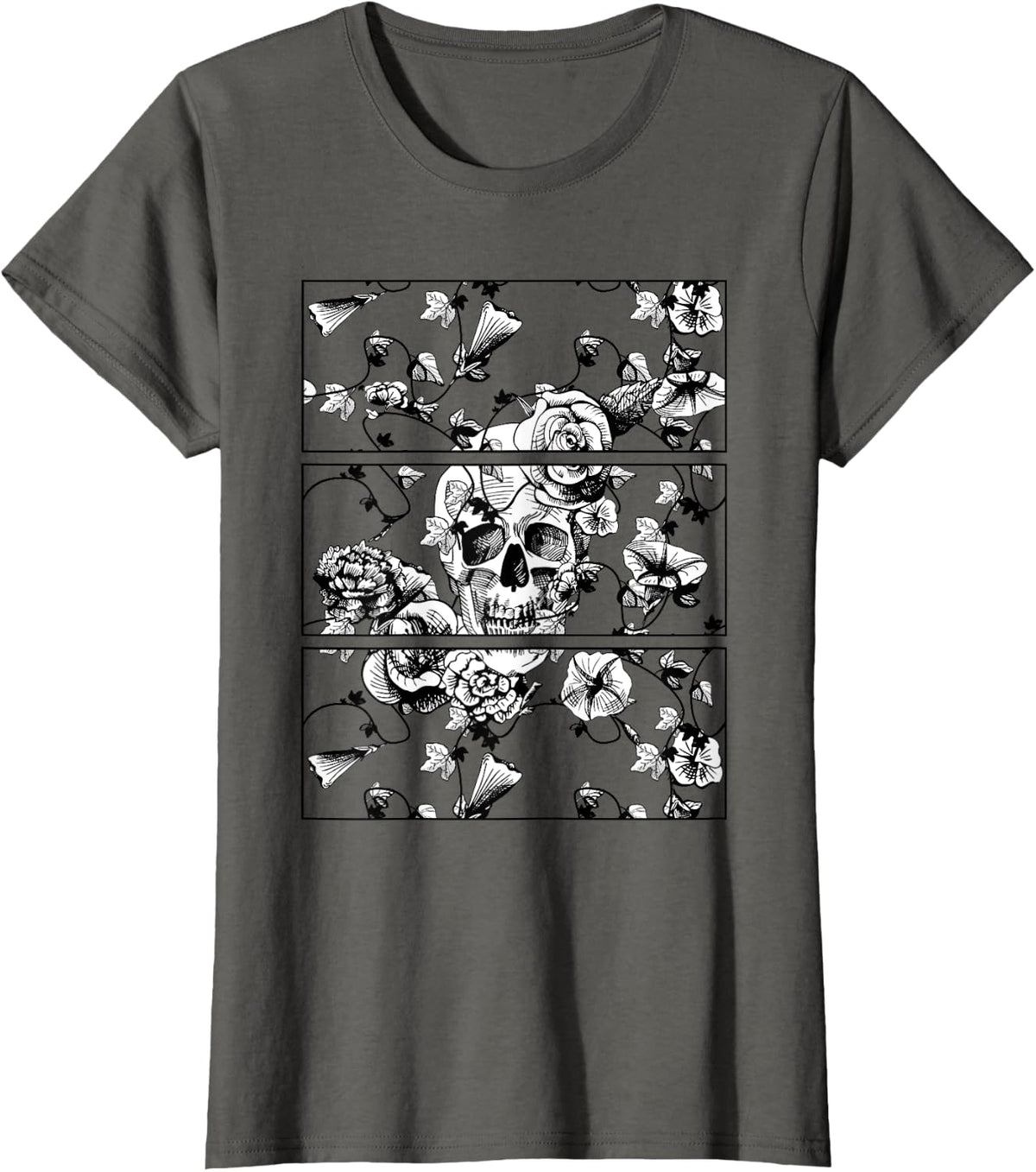 Floral Skull Flowers - Nu Goth Emo Punk T-Shirt - Asphalt Grey