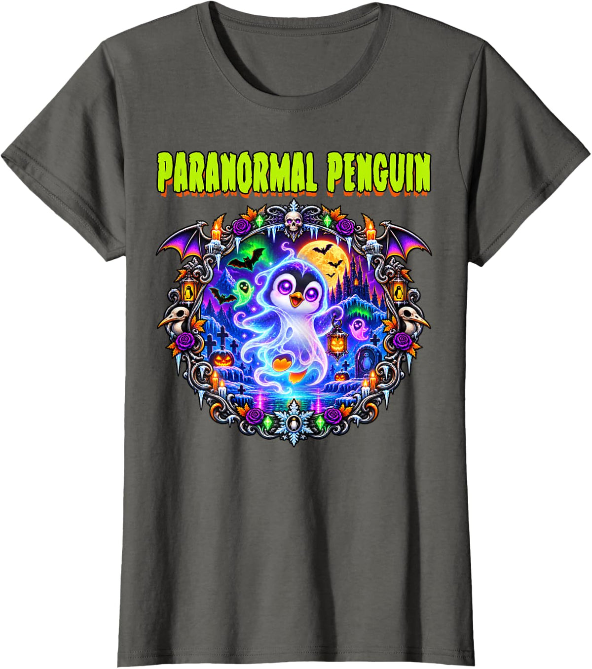 Paranormal Penguin Ghost Full Moon Spooky Scary Horror T-Shirt - Asphalt Grey
