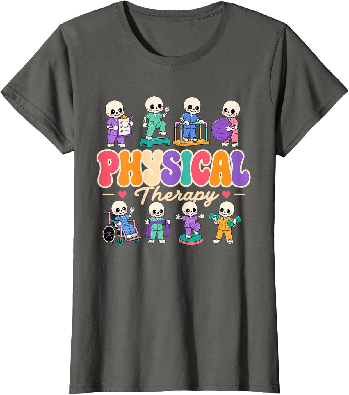 PT Physical Therapy Halloween Retro Skeleton PT Halloween T-Shirt - Asphalt Grey