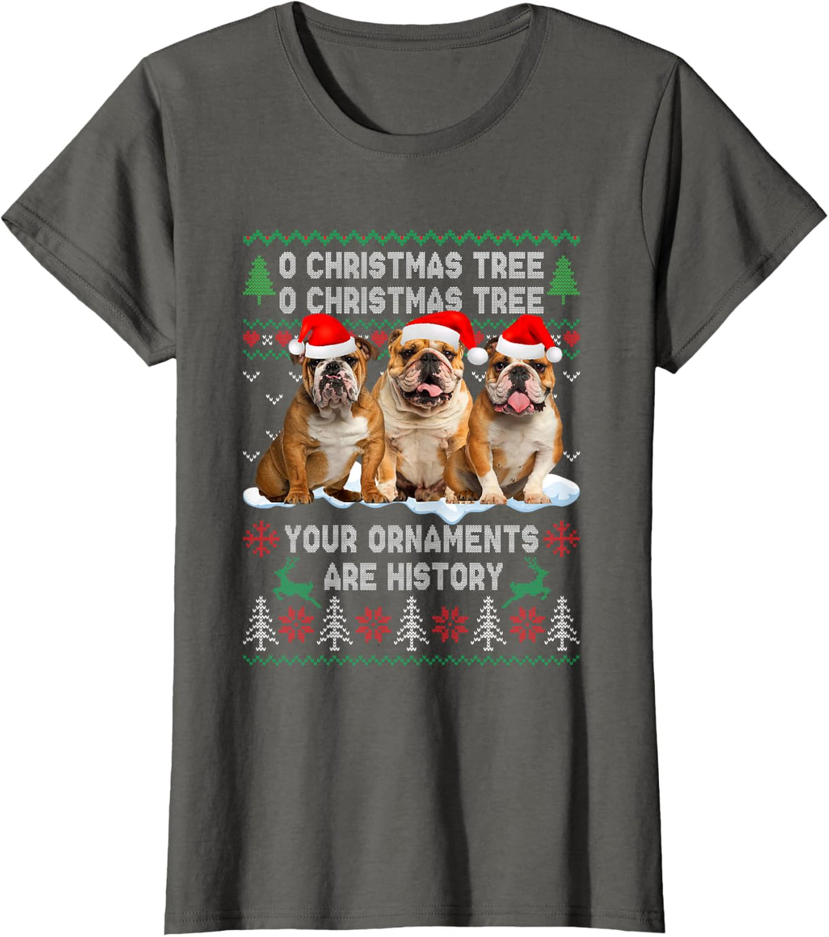 Cute English Bulldog Dog Oh Christmas Tree Ugly Xmas T-Shirt for Men Women Kids - Asphalt Grey